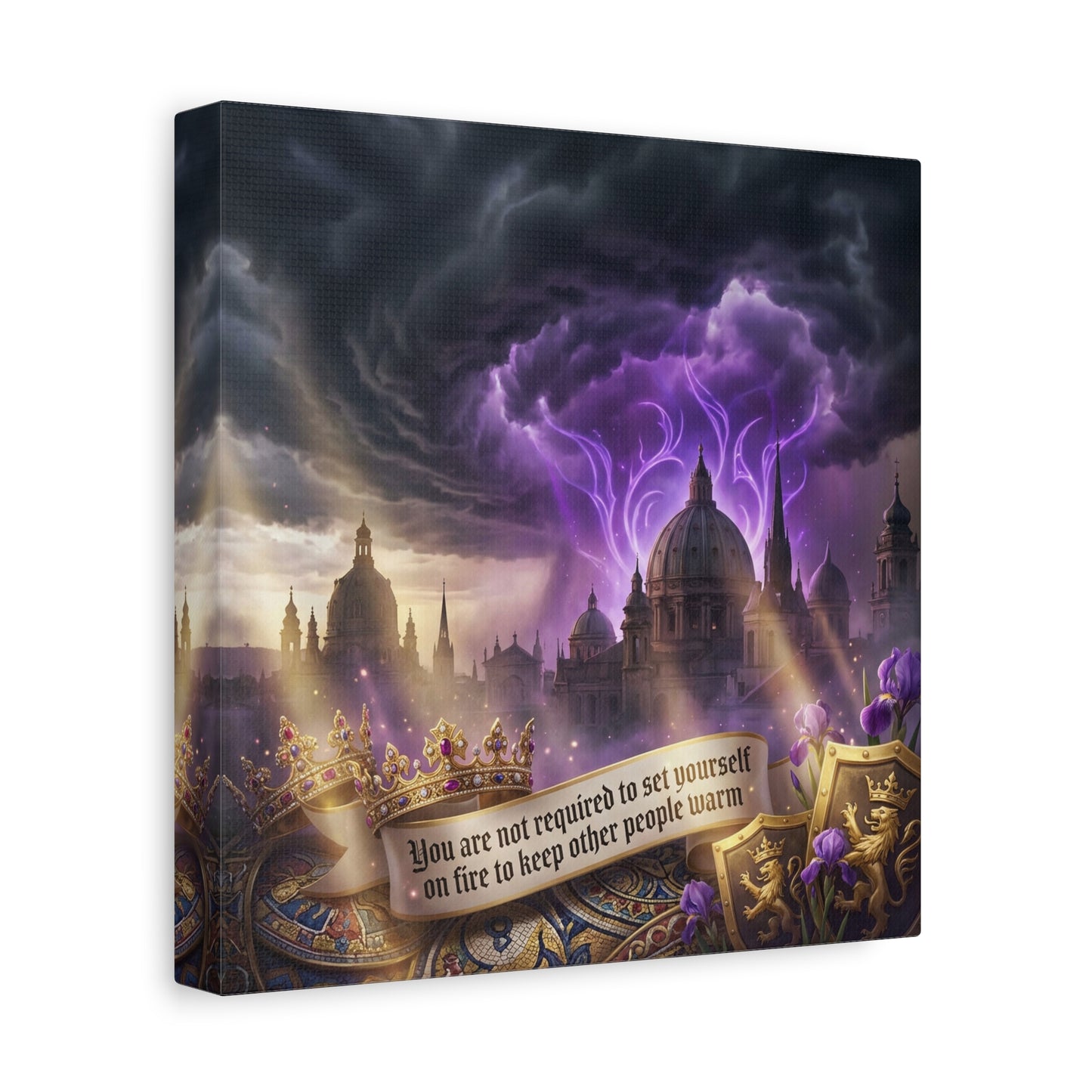 "You Are Not Required To Set Yourself On Fire" Canvas Wall Art - Gothic Castle Quote Decor, Purple Storm Sky, Crown And Iris Fantasy Print - Bedroom Home Decoration, Living Room Accent - Ready to Hang