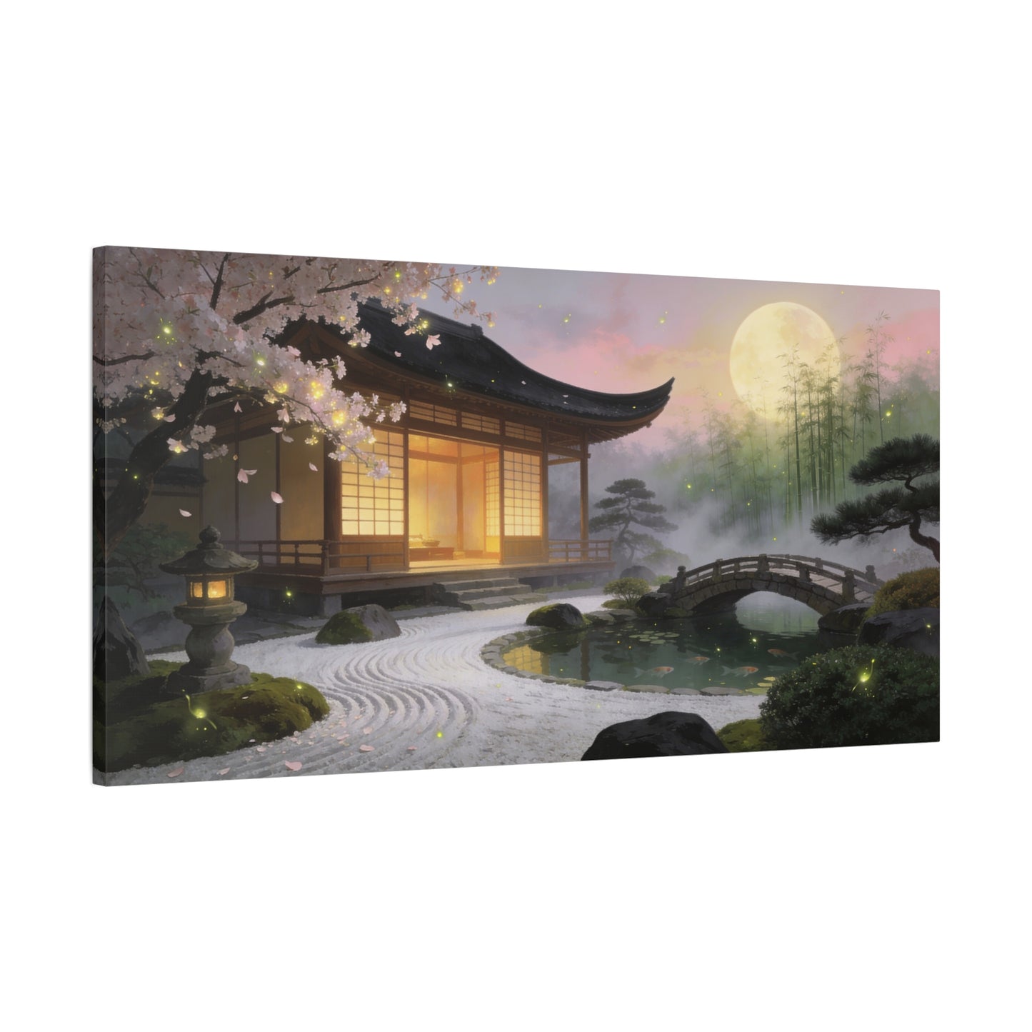 Japanese Zen Garden Canvas Wall Art - Moonlit Temple, Cherry Blossoms, Bamboo Mist - Serene Landscape Canvas Print - Traditional Style, Bedroom Wall Decor, Meditation Space - Bedroom Home Decoration