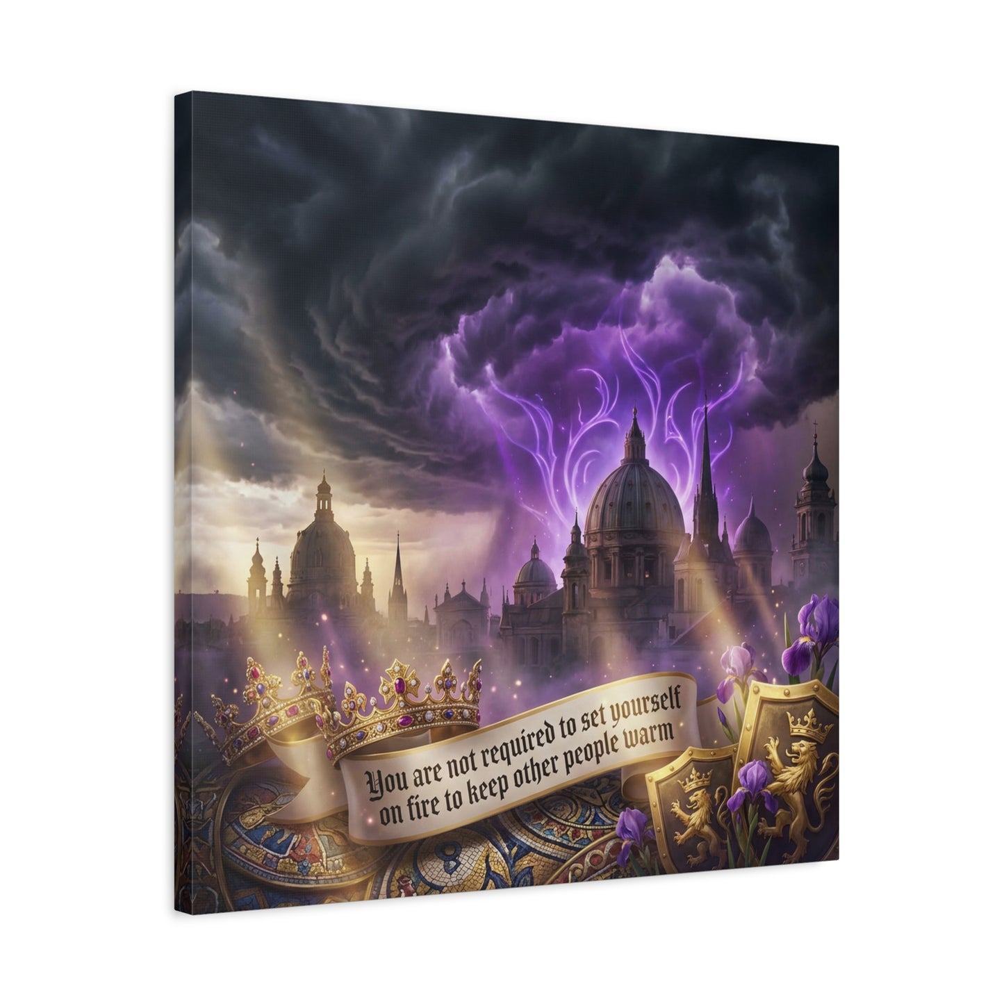 "You Are Not Required To Set Yourself On Fire" Canvas Wall Art - Gothic Castle Quote Decor, Purple Storm Sky, Crown And Iris Fantasy Print - Bedroom Home Decoration, Living Room Accent - Ready to Hang