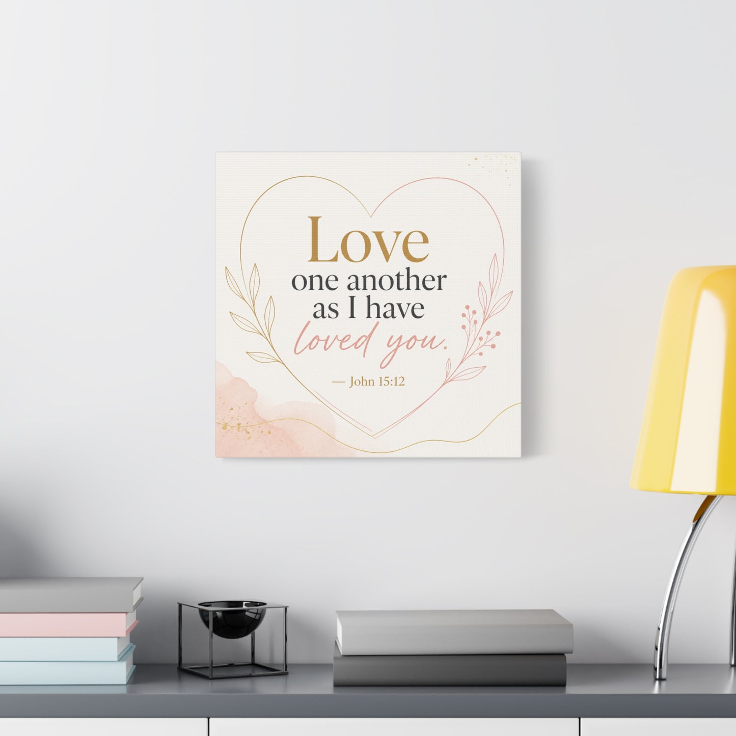 "Love One Another As I Have Loved You. John 15:12" Canvas Wall Art - Christian Scripture Quote, Heart Line Floral Design - Blush Gold Typography - Bedroom Living Room Decor - Living Room Wall Decor
