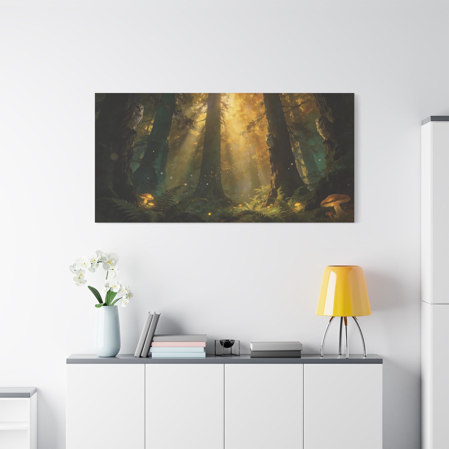 Owl Forest Canvas Wall Art - Sunbeams, Mushrooms, Fern Woodland Scene - Matte Cotton Print - Mystical Nature Style - Living Room Wall Decor, Bedroom Home Decoration - Bedroom Home Decoration