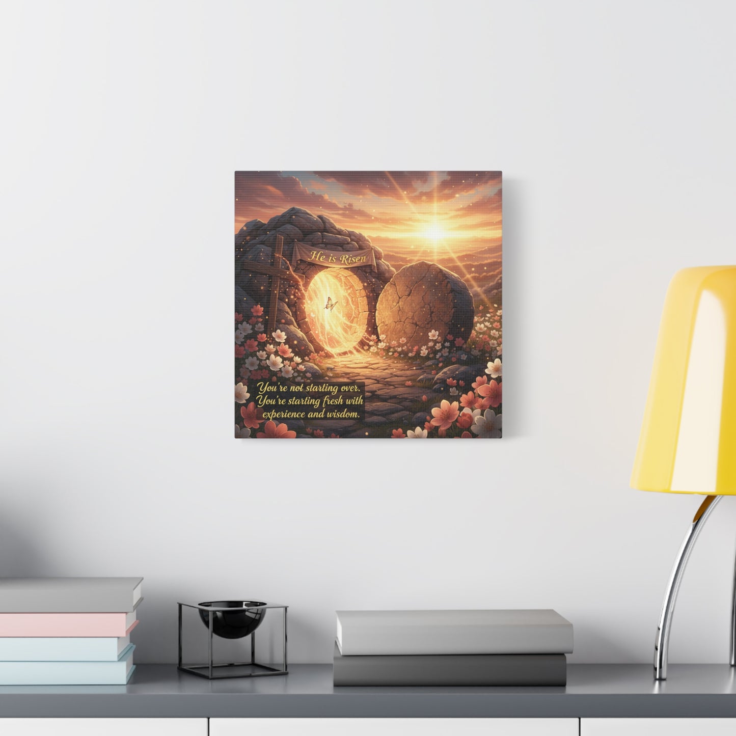 "He Is Risen" Christian Canvas Wall Art - Empty Tomb Cross Sunrise Scripture Print - Floral Faith Home Decoration - Modern Farmhouse Style