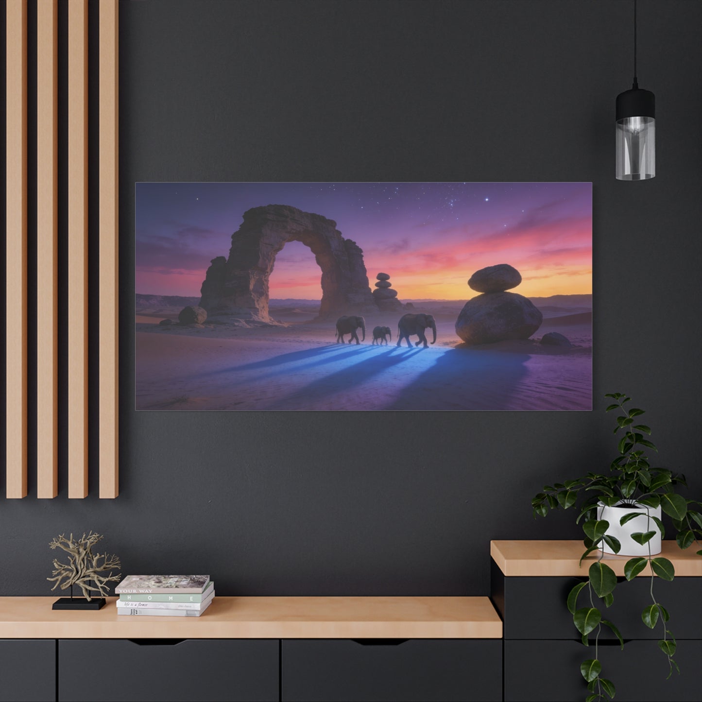 Desert Elephant Canvas Wall Art - Rock Arch Sunset Landscape, Surreal Starry Sky - Matte Cotton Art Print - Contemporary Style, Living Room Wall Decor, Bedroom Home Decoration - Modern Farmhouse Style