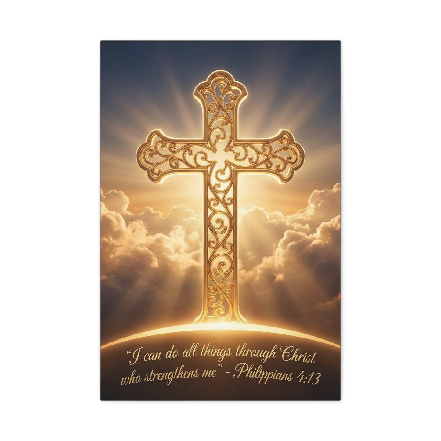 "I Can Do All Things Through Christ Who Strengthens Me" Cross Canvas Wall Art - Philippians 4:13 Scripture Decor, Golden Clouds Christian Wall Hanging, Bedroom Living Room - Bedroom Home Decoration