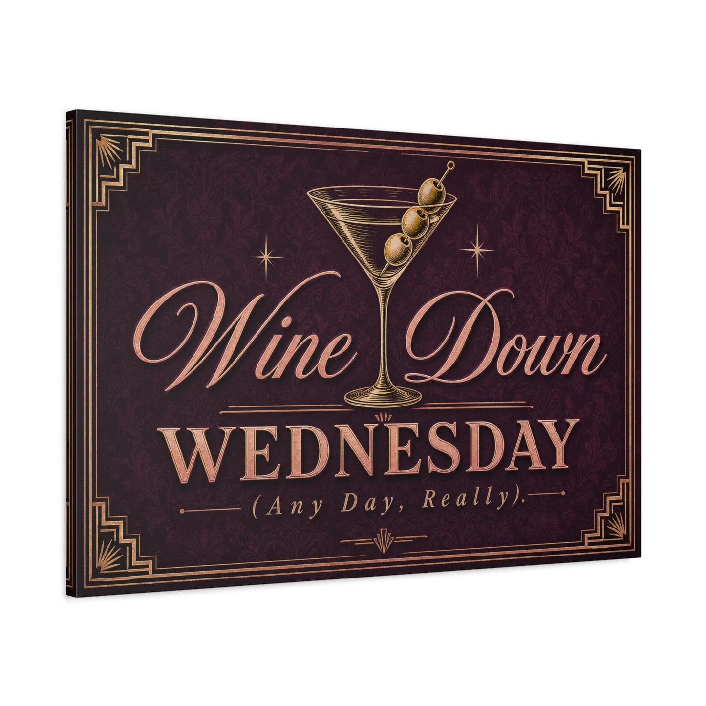 "Wine Down Wednesday (Any Day, Really)." Martini Canvas Wall Art - Vintage Cocktail Typography Decor - Art Deco Style, Matte Canvas Print - Bar Cart Wall Decor - Ready to Hang - Ready to Hang