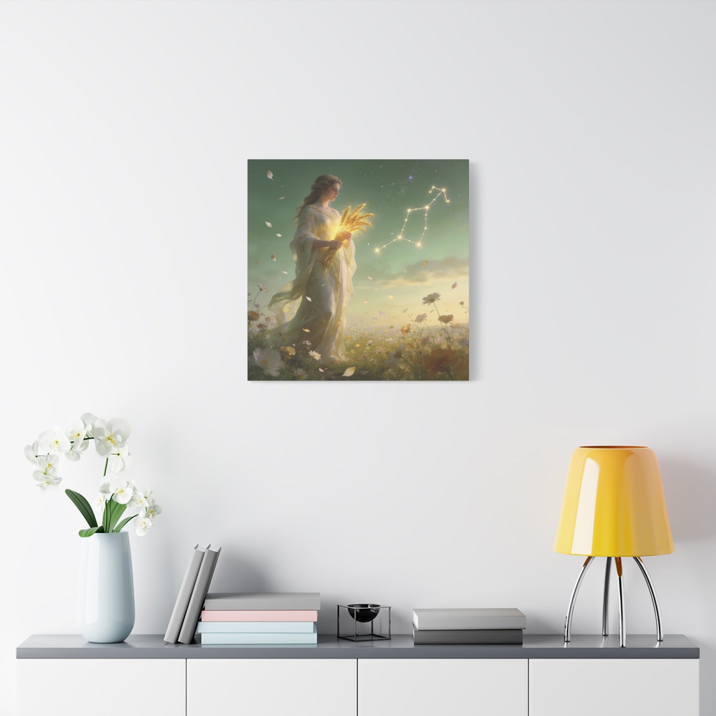 Virgo Maiden Canvas Wall Art - Celestial Wheat Goddess Illustration, Luminous Zodiac Sky, Matte Cotton Print, Bohemian Bedroom Decor, Meditation Space Accent, Ready To Hang - Living Room Wall Decor