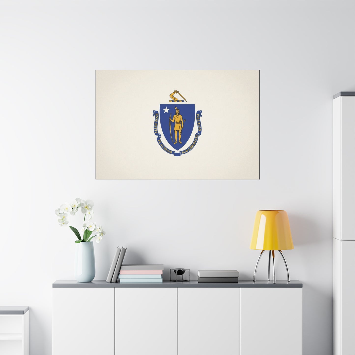 Massachusetts State Flag Canvas Wall Art - Ense Petit Placidam Sub Libertate Quietem - Blue Shield Native American Crest - Minimalist Patriotic Decor - Living Room Wall Decor - Bedroom Home Decoration