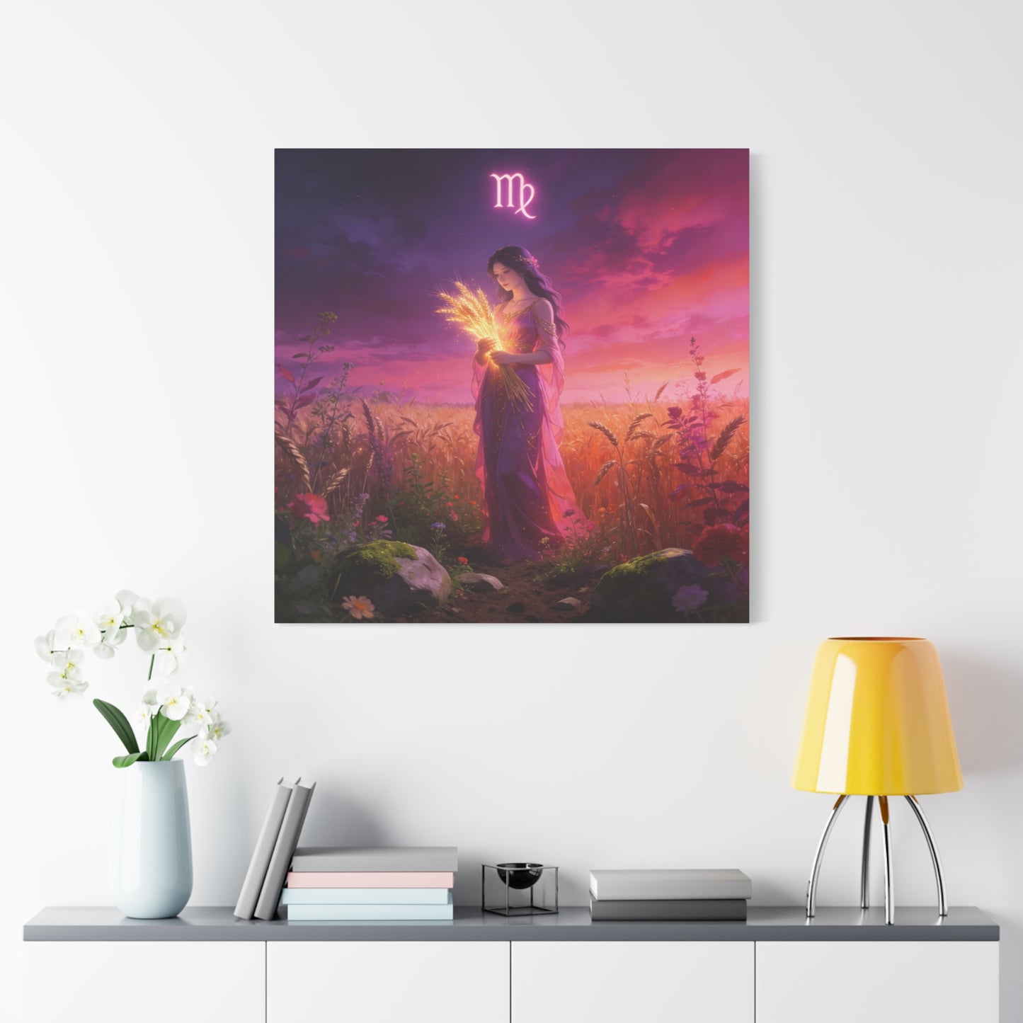 Virgo Zodiac Canvas Wall Art - Maiden Holding Glowing Wheat, Purple Twilight Field - Fantasy Illustration, Matte Canvas Print - Bedroom Wall Decor, Meditation Space Accent - Bedroom Home Decoration