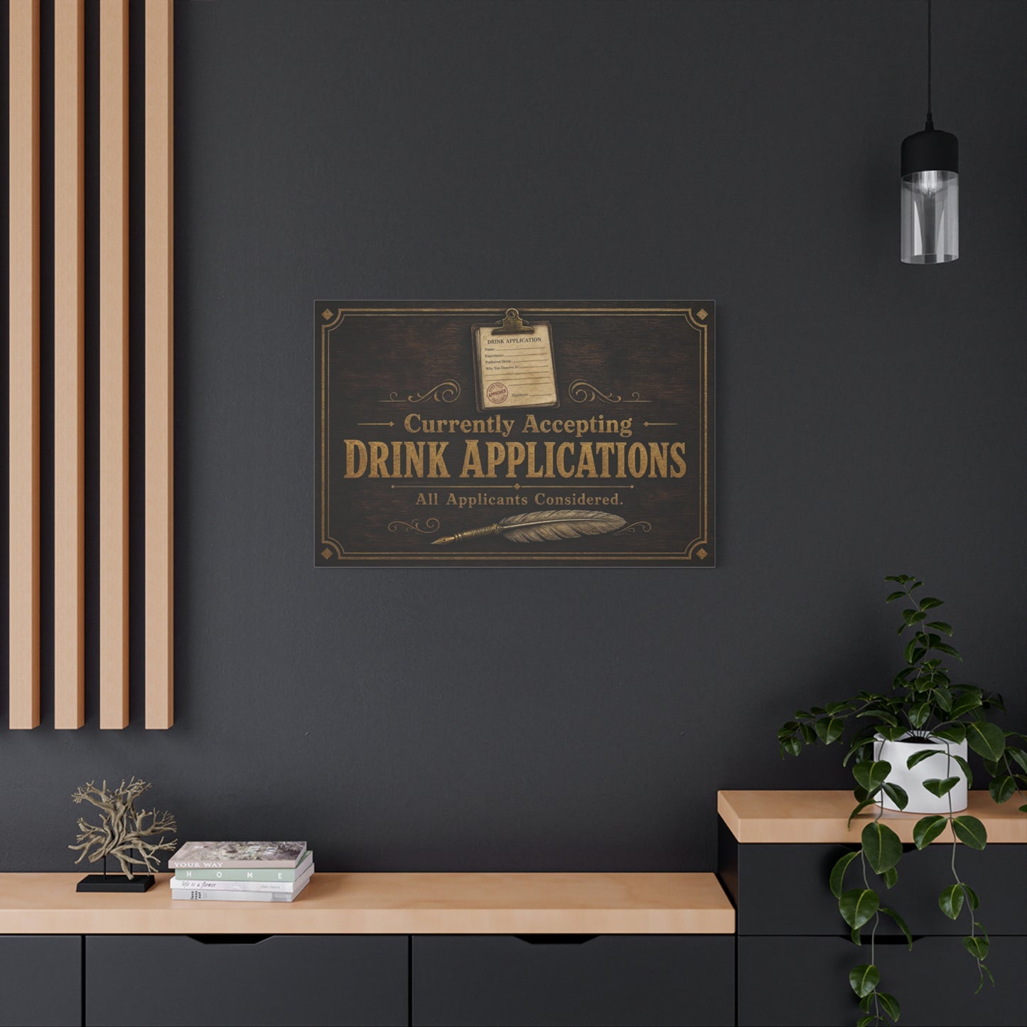"Currently Accepting Drink Applications" Funny Canvas Wall Art - Vintage Bar Sign Quote, Rustic Brown Typography Decor - Humorous Pub Wall Hanging - Cocktail Lounge Decor - Speakeasy Style Sign