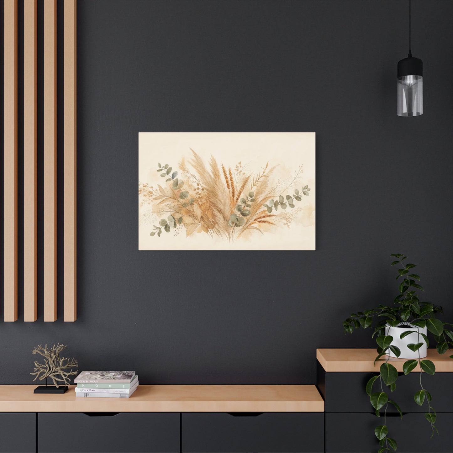 Neutral Botanical Canvas Wall Art - Pampas Grass, Wheat Stems, Eucalyptus Print - Soft Beige Sage Floral Composition - Modern Farmhouse Style - Living Room Wall Decor, Bedroom Home Decoration