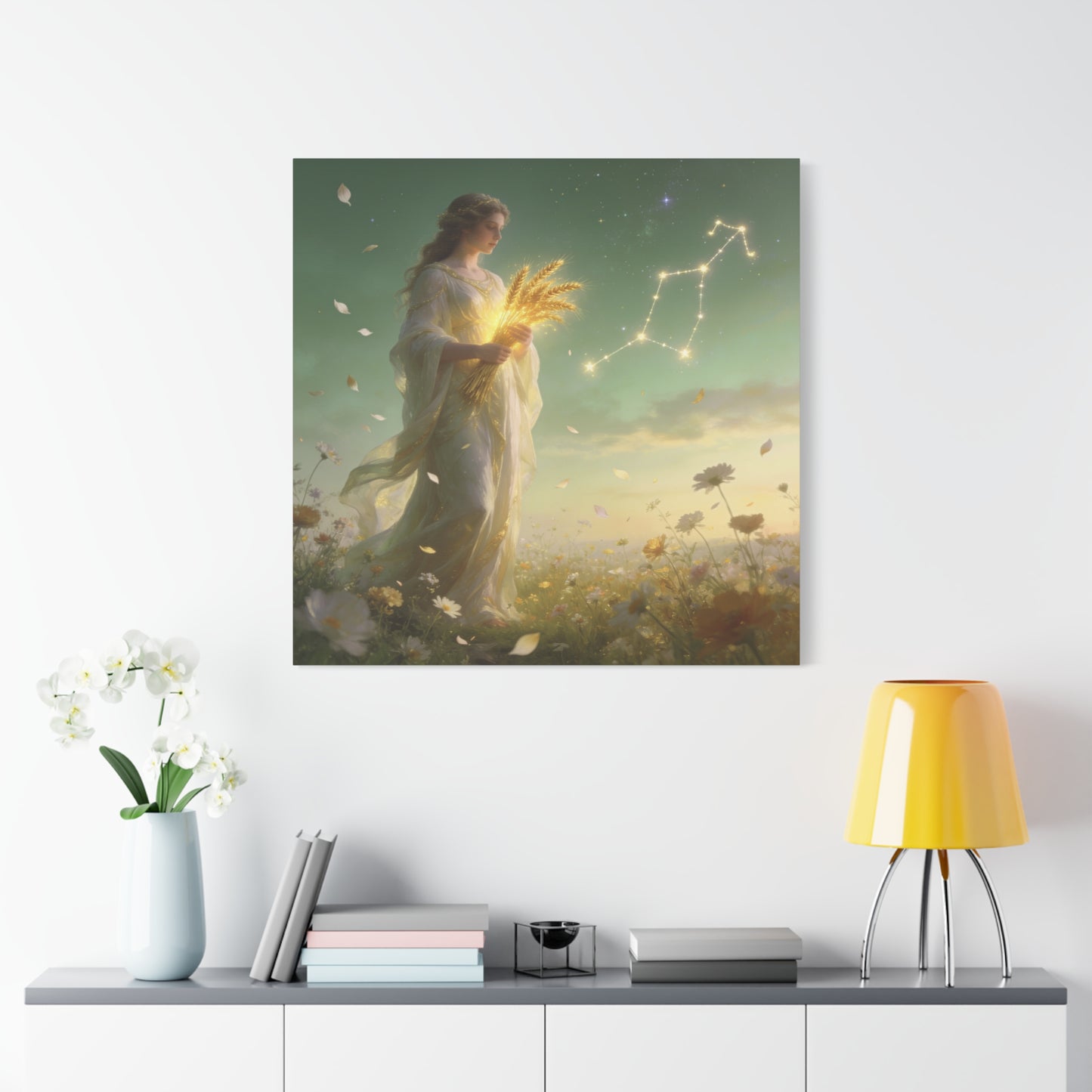 Virgo Maiden Canvas Wall Art - Celestial Wheat Goddess Illustration, Luminous Zodiac Sky, Matte Cotton Print, Bohemian Bedroom Decor, Meditation Space Accent, Ready To Hang - Living Room Wall Decor