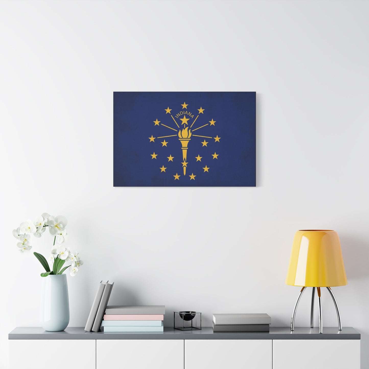 Indiana State Flag Canvas Wall Art - Blue Gold Torch Stars Print, Patriotic Decor - Matte Cotton Artwork - Living Room Wall Decor, Office Art, Dorm Decoration Accent - Bedroom Home Decoration