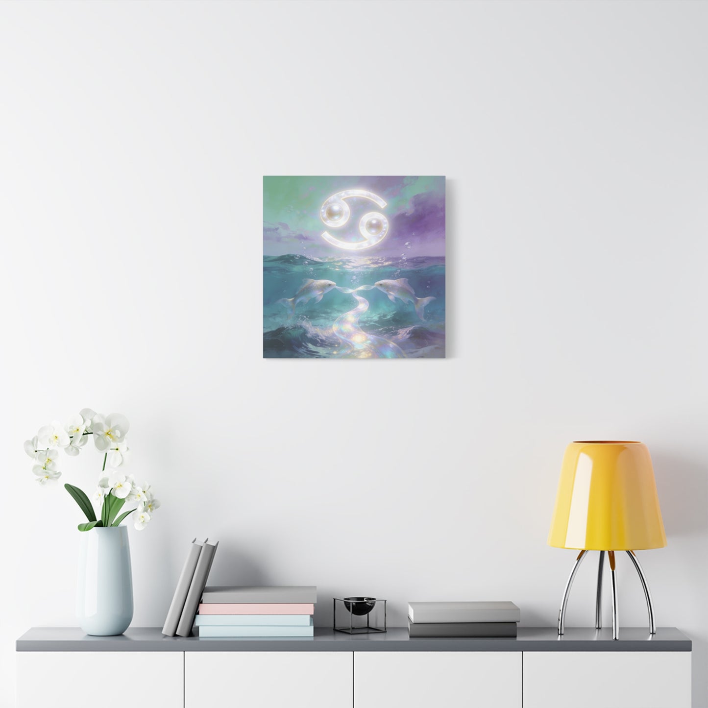 Cancer Zodiac Canvas Wall Art - Two Pearl Fish Ocean Illustration, Celestial Astrology Decor - Iridescent Matte Canvas Print - Mystical Coastal Style For Bedroom Living Room - Living Room Wall Decor