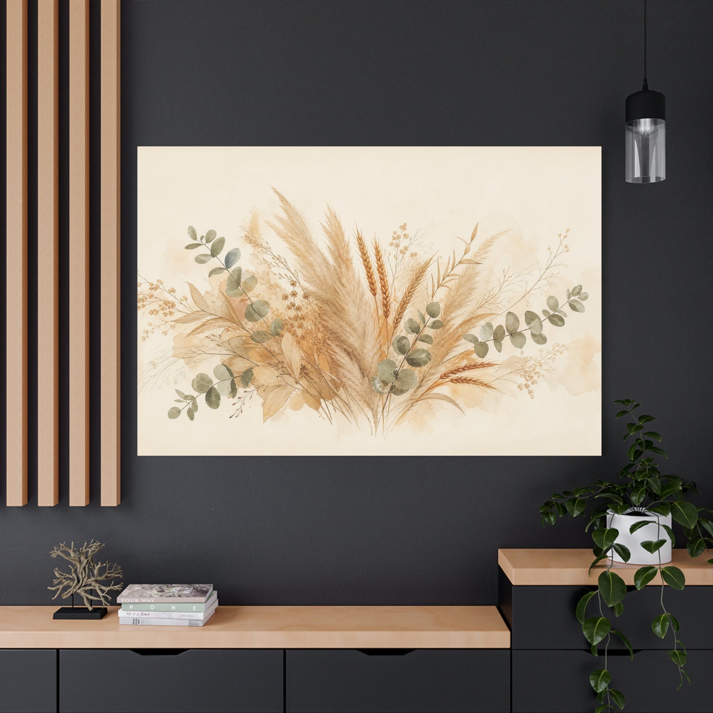 Neutral Botanical Canvas Wall Art - Pampas Grass, Wheat Stems, Eucalyptus Print - Soft Beige Sage Floral Composition - Modern Farmhouse Style - Living Room Wall Decor, Bedroom Home Decoration