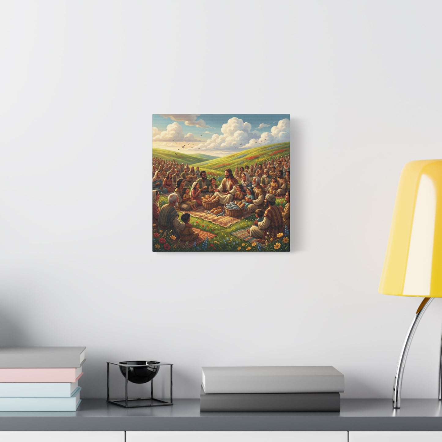 Jesus Feeding The Multitude Canvas Wall Art - Bread And Fish Biblical Scene - Meadow Landscape Christian Home Decor - Matte Cotton Print For Living Room, Bedroom, Office, Meditation Space