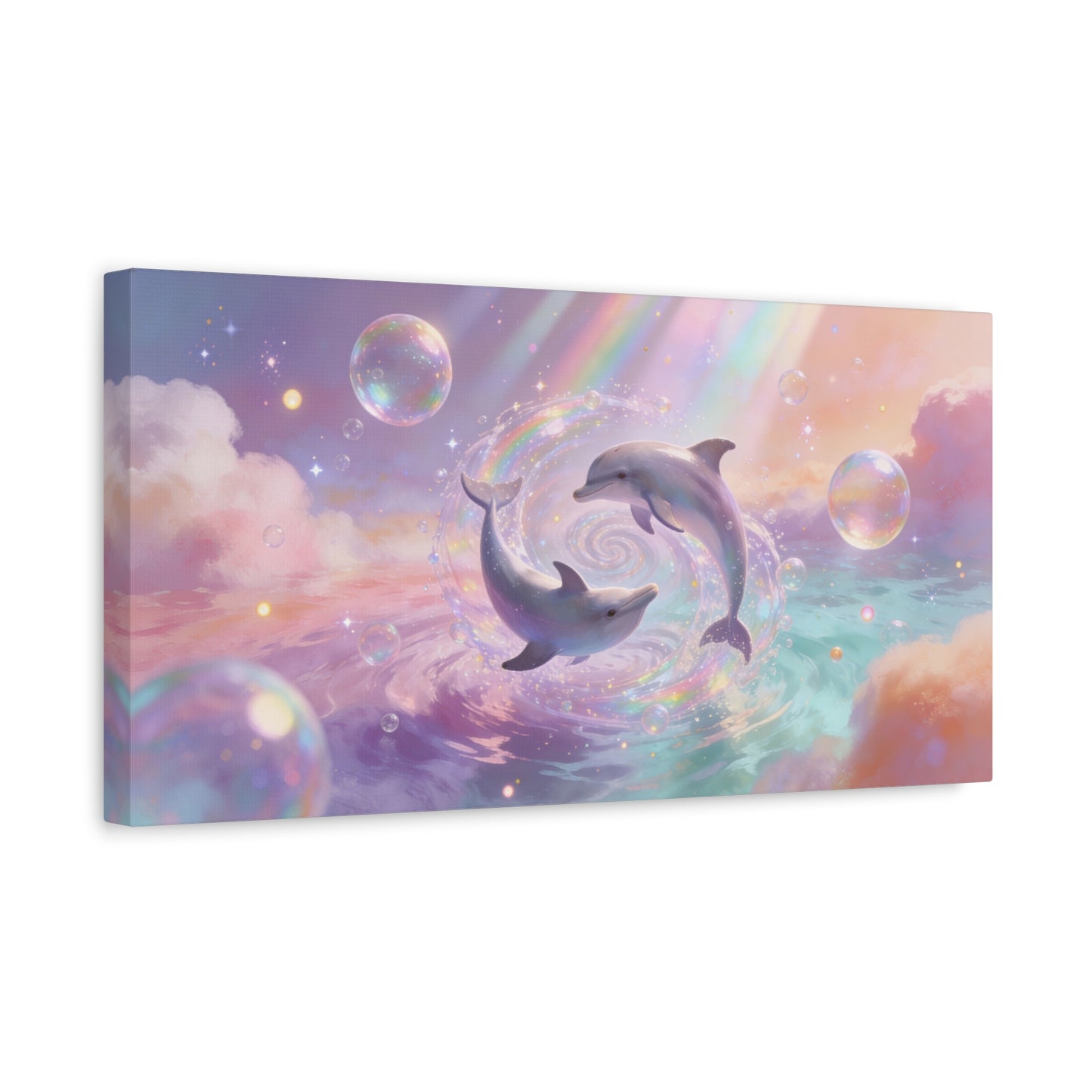 Dolphin Canvas Wall Art - Dreamy Ocean Swirl, Pastel Sky And Rainbow Light - Cotton Canvas Print - Whimsical Contemporary Style - Living Room Wall Decor, Bedroom Home Accent - Bedroom Home Decoration