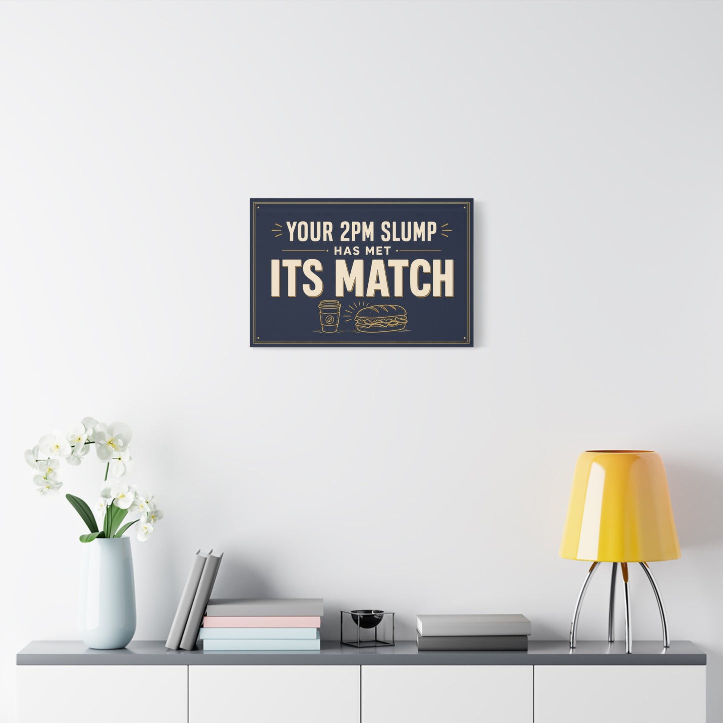 "Your 2PM Slump Has Met Its Match" Funny Canvas Wall Art - Coffee And Sandwich Typography Print - Navy Gold Retro Office Decor - Break Room Wall Hanging - Ready to Hang - Coffee Shop Decor