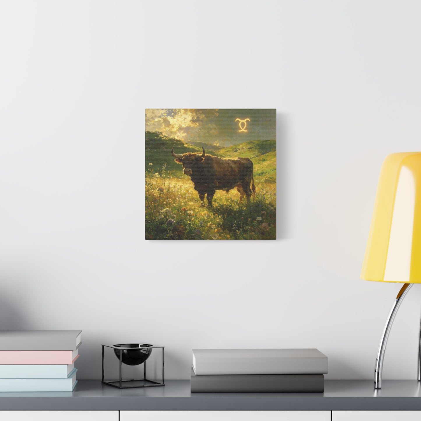 Taurus Bull Canvas Wall Art - Golden Meadow Landscape Painting, Zodiac Symbol, Rustic Contemporary Cotton Canvas Print, Living Room Wall Decor, Bedroom Home Decoration, Office Art Accent