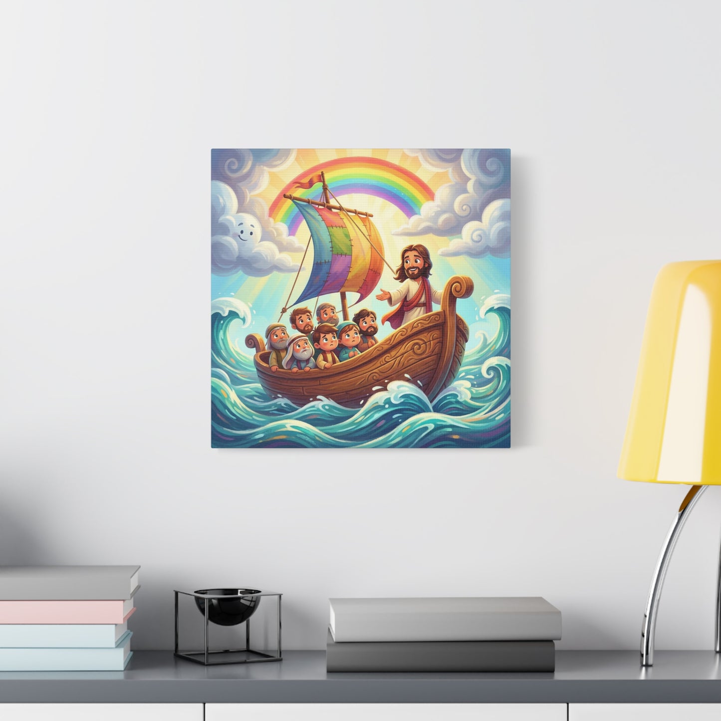 Jesus Boat Canvas Wall Art - Rainbow Sail, Disciples At Sea, Christian Nursery Decor - Matte Cotton Print - Whimsical Religious Style For Kids Bedroom Playroom Home Decoration - Living Room Wall Decor