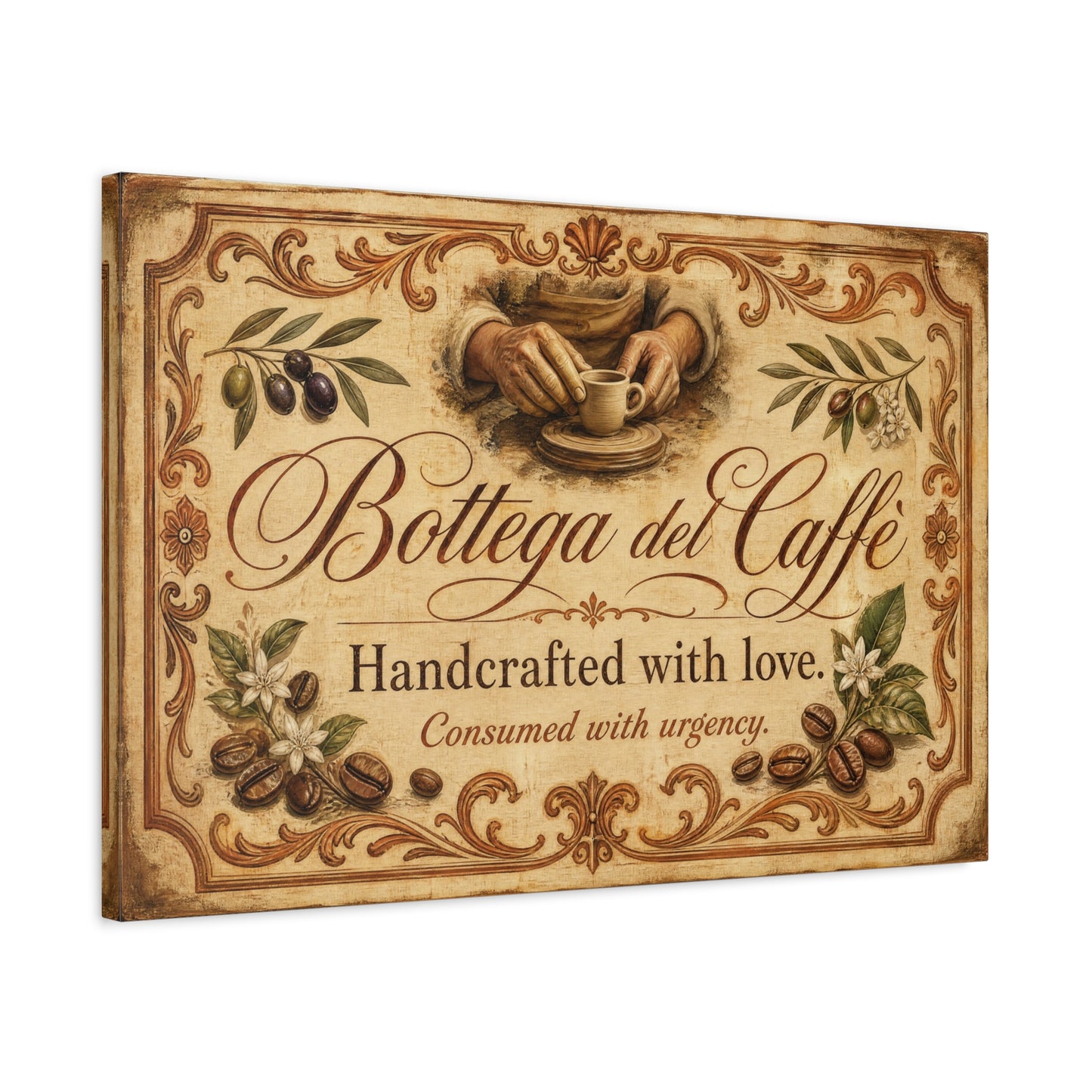 "Bottega del Caffe" Canvas Wall Art - Vintage Italian Coffee Quote Print, Olive Branches, Beans, Rustic Farmhouse Decor, Cafe Wall Hanging - Modern Farmhouse Style - Coffee Shop Decor - Ready to Hang