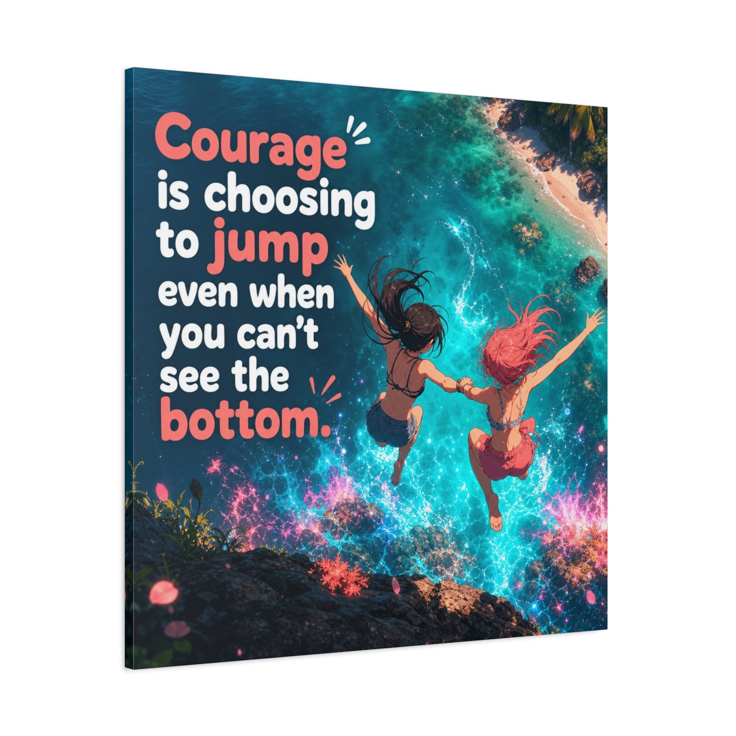 "Courage Is Choosing To Jump Even When You Can't See The Bottom" Canvas Wall Art - Coastal Quote Illustration, Inspirational Ocean Cliff Scene, Bedroom Wall Decor, Teen Space Accent - Ready to Hang
