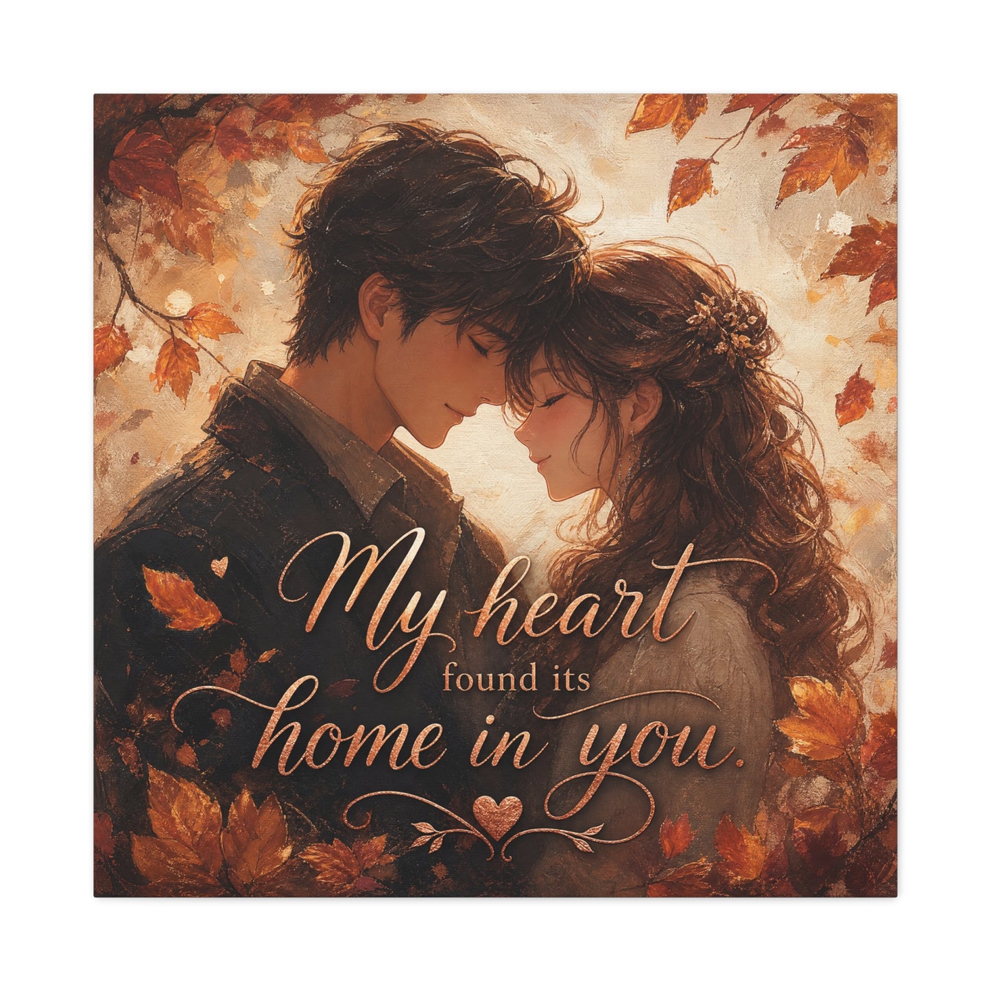"My Heart Found Its Home In You" Romantic Couple Canvas Wall Art - Autumn Leaves Love Quote Print, Warm Rustic Traditional Style - Bedroom Wall Decor - Ready to Hang - Bedroom Home Decoration