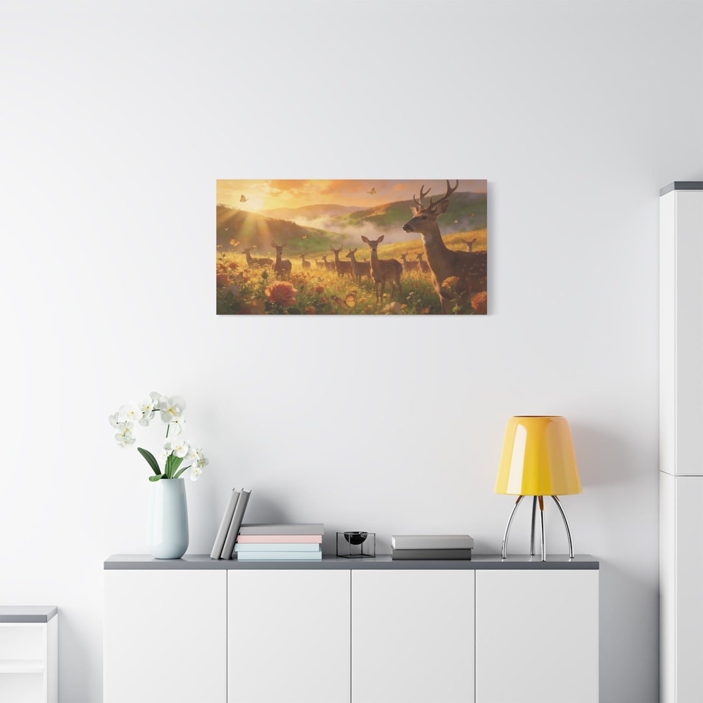 Deer Meadow Canvas Wall Art - Golden Sunrise Wildlife Landscape, Butterflies, Floral Field - Matte Finish Canvas Print - Rustic Nature Style, Living Room Wall Decor - Bedroom Home Decoration