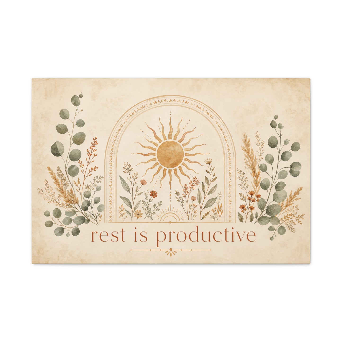 "Rest Is Productive" Inspirational Canvas Wall Art - Boho Sun And Botanical Arch Print - Neutral Typography Decor - Bedroom Living Room Decoration - Office Wall Art - Bedroom Home Decoration