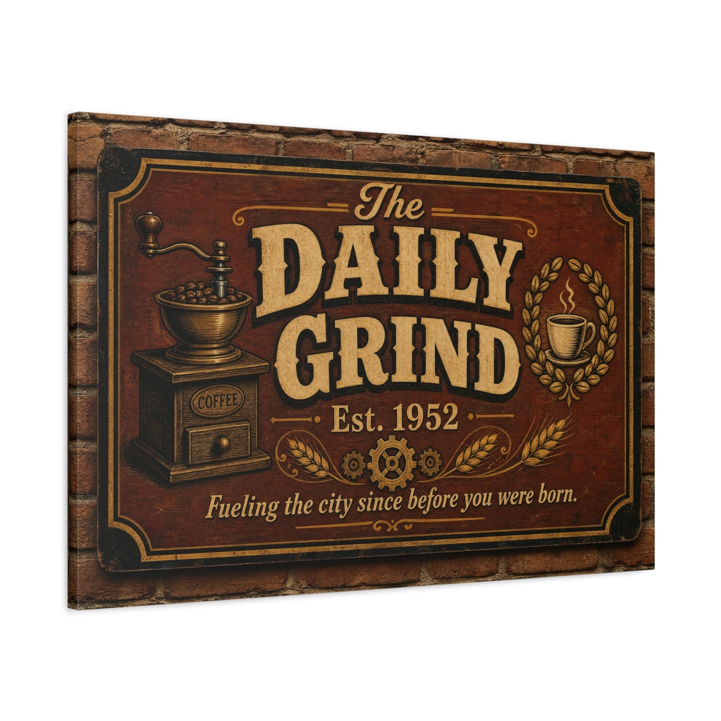 "The Daily Grind" Coffee Canvas Wall Art - Vintage Cafe Sign, Rustic Brown Typography Print, Farmhouse Decor, Coffee Bar Wall Hanging - Bistro Decor - Espresso Bar Sign - Gallery Wrapped Canvas