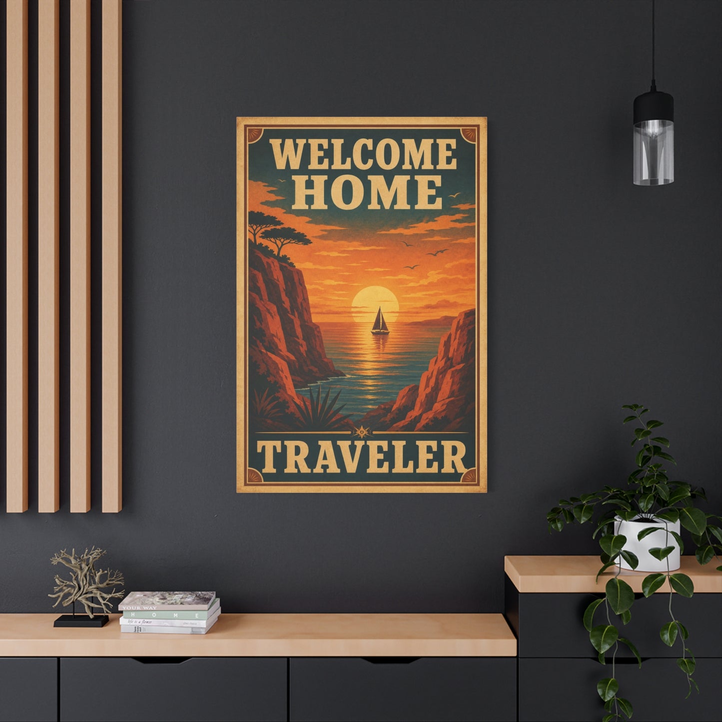 "Welcome Home Traveler" Vintage Coastal Canvas Wall Art - Sunset Sailboat Seascape Print - Retro Travel Poster Style - Living Room Wall Decor, Hallway Home Decoration - Modern Farmhouse Style