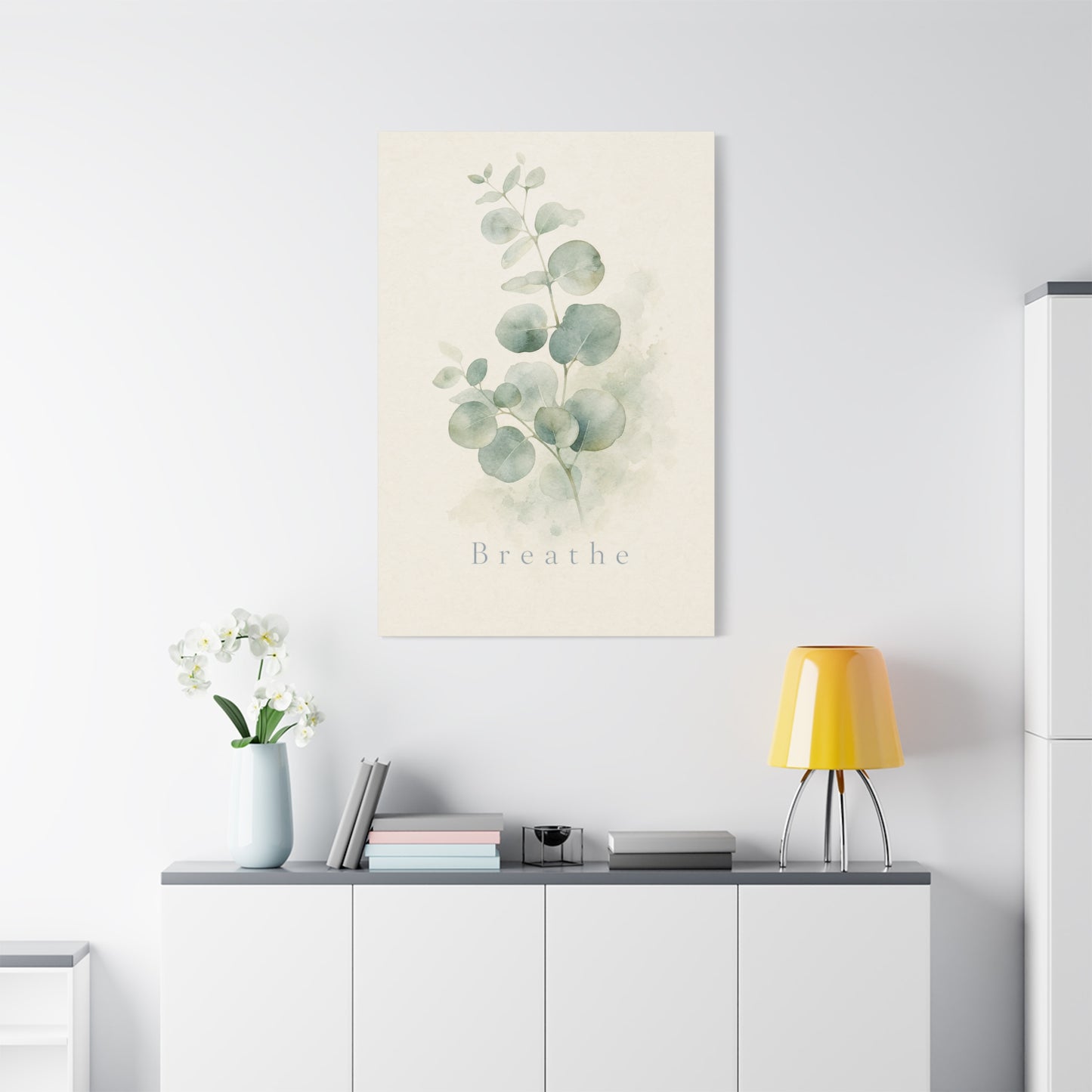 "Breathe" Eucalyptus Canvas Wall Art - Minimalist Botanical Sage Green Wall Decor - Watercolor Leaf Home Decoration - Bedroom Bathroom Spa Style - Calm Nature Print For Living Room - Ready to Hang