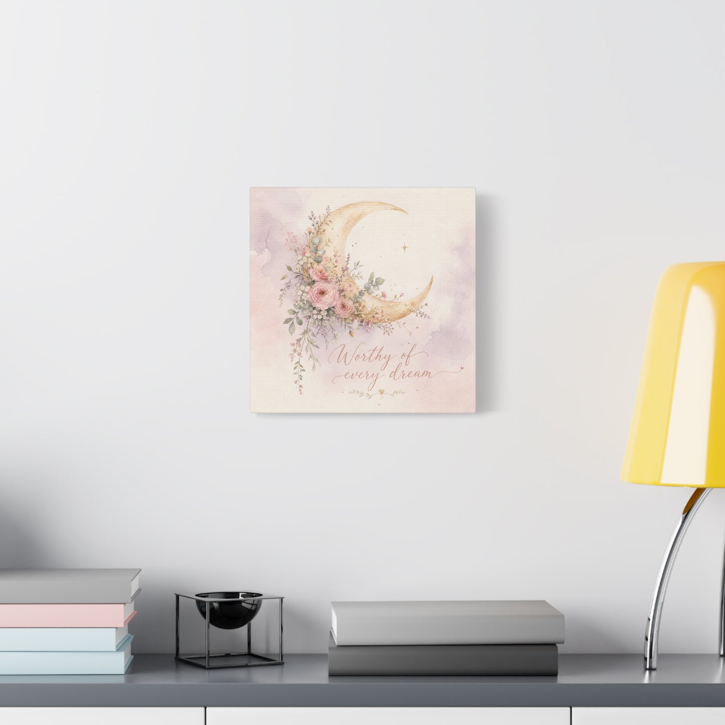 "Worthy Of Every Dream" Moon Canvas Wall Art - Floral Crescent, Inspirational Blush Gold Watercolor - Bohemian Bedroom Wall Decor - Nursery Home Decoration - Bedroom Home Decoration - Ready to Hang