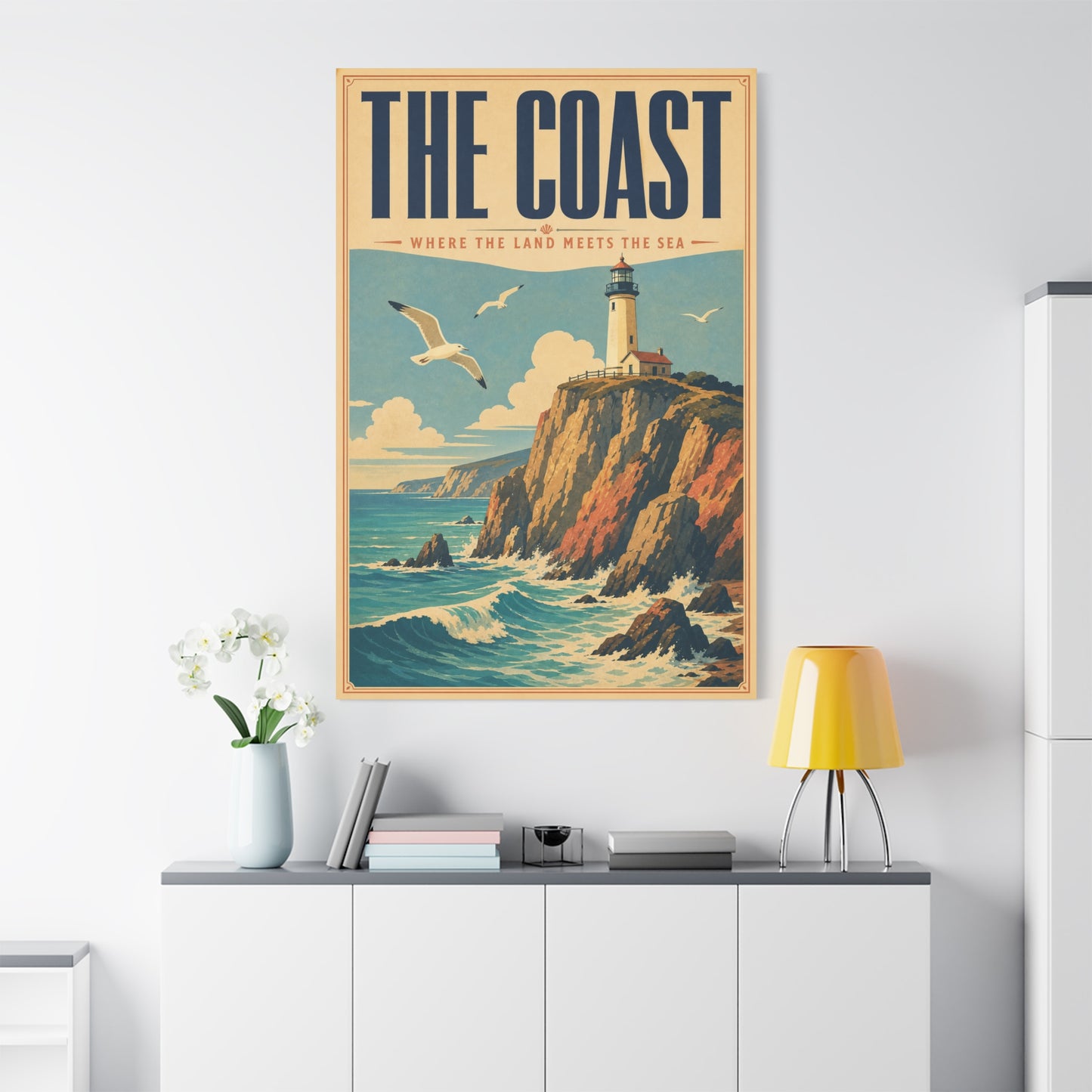 "The Coast Where The Land Meets The Sea" Canvas Wall Art - Vintage Lighthouse Seascape, Coastal Cliff Poster Style Print - Nautical Wall Decor, Beach House Living Room Decoration - Ready to Hang