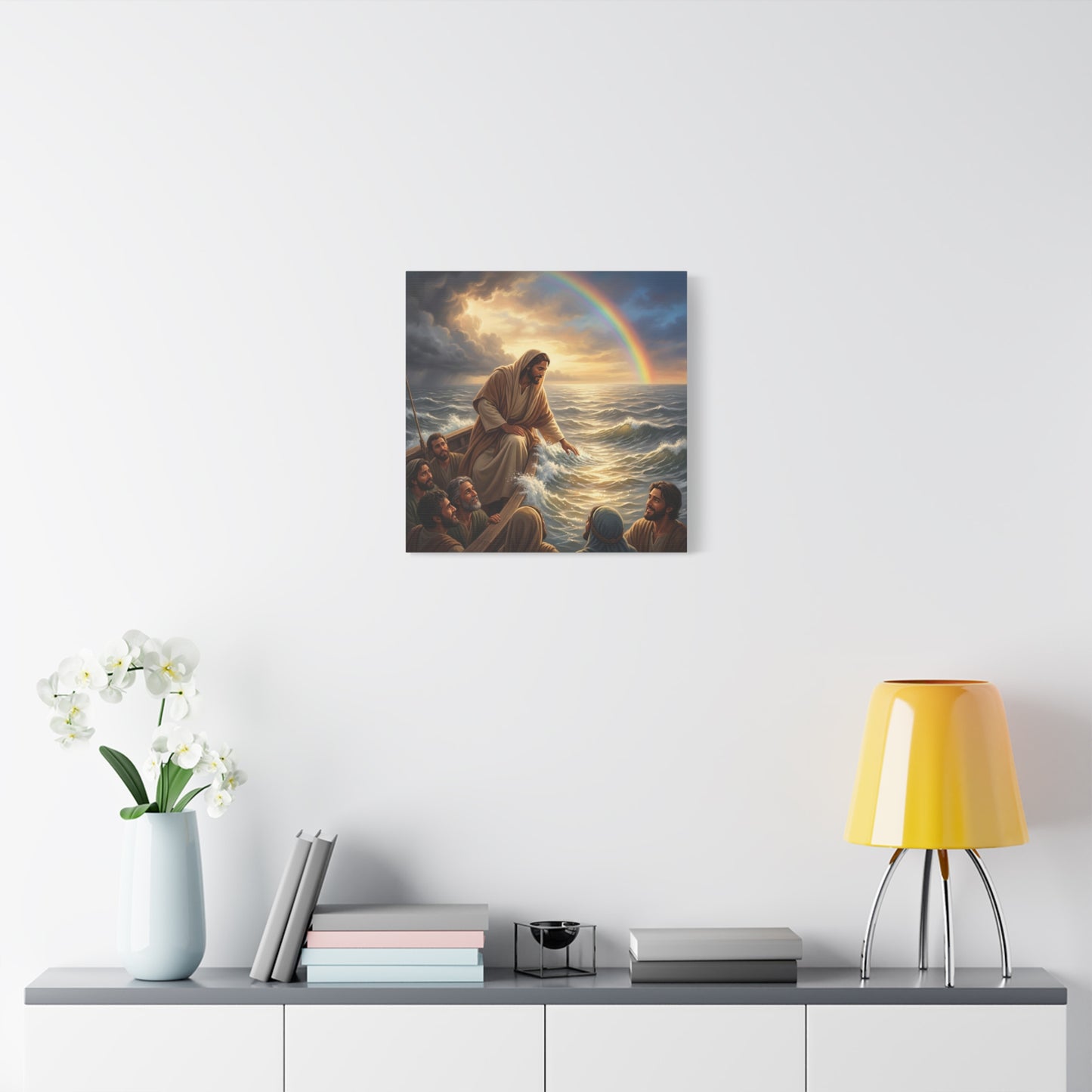 Jesus Christ Walking On Water Canvas Wall Art - Rainbow Over Stormy Sea, Disciples In Boat - Matte Cotton Print - Traditional Religious Style - Living Room Wall Decor - Bedroom Home Decoration