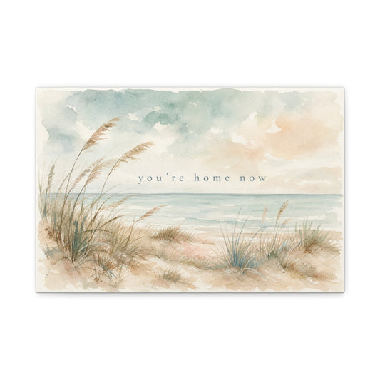 "You'Re Home Now" Coastal Canvas Wall Art - Beach Dune Watercolor Seascape - Soft Blue Beige Shore Scene - Traditional Coastal Style - Living Room Wall Decor, Bedroom Home Decoration - Ready to Hang