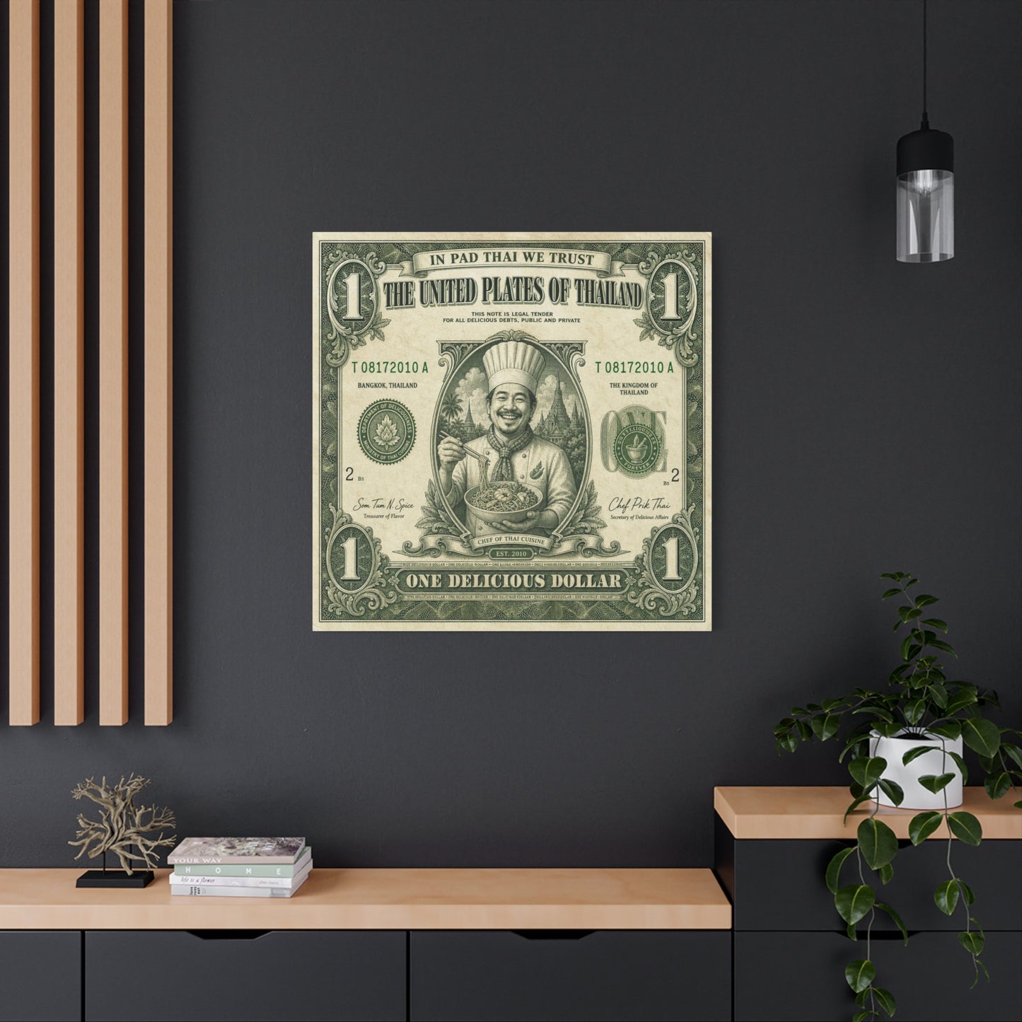 "In Pad Thai We Trust" Typography Canvas Wall Art - Vintage Thai Currency Illustration, Chef Portrait, Bangkok Thailand Food Poster Style - Kitchen Wall Decor, Dining Room Accent - Ready to Hang