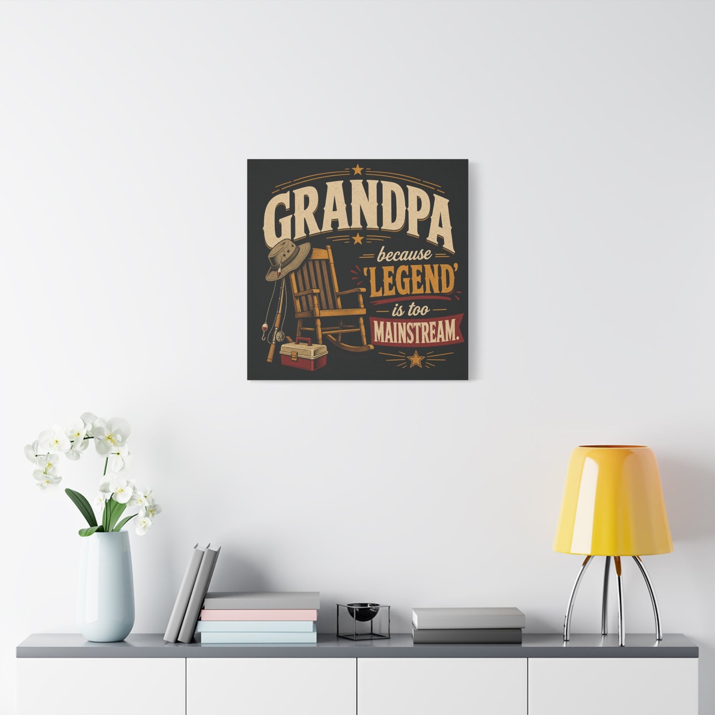 "Grandpa Because 'Legend' Is Too Mainstream" Canvas Wall Art - Vintage Fishing Rocking Chair Print - Rustic Typography Decor - Living Room Wall Decor - Ready to Hang - Bedroom Home Decoration
