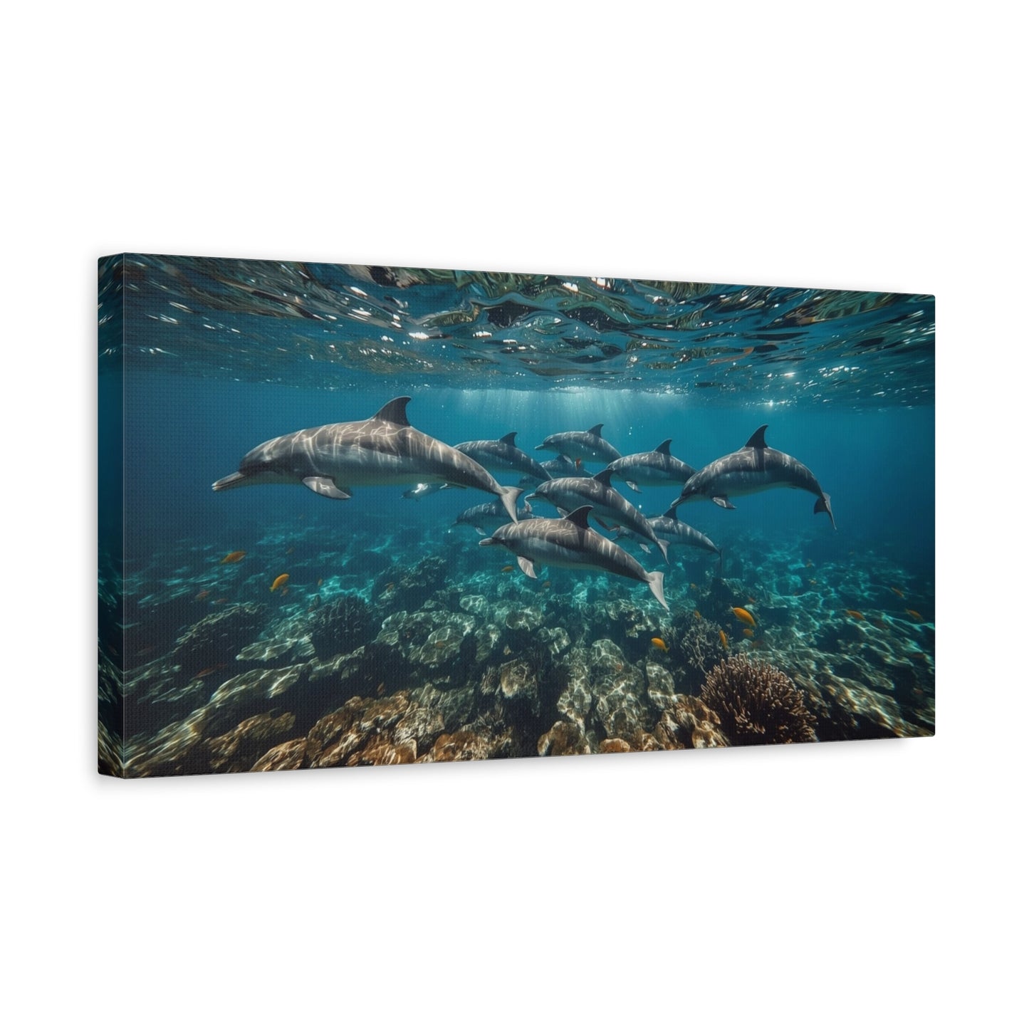 Dolphin School Canvas Wall Art - Underwater Ocean Art Print, Blue Coastal Decor - Matte Canvas Print, Contemporary Seascape Style - Living Room Wall Decor, Bedroom Home Decoration - Ready to Hang