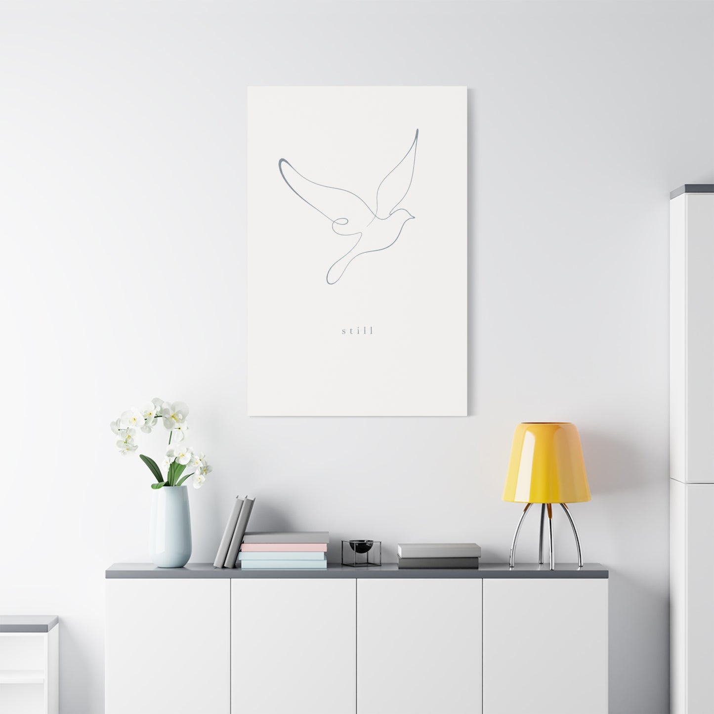 "Still" Dove Canvas Wall Art - Minimalist Line Drawing Bird Print, Calm Neutral Typography Decor - Modern Bedroom Home Decoration, Meditation Space Accent, Living Room Wall Decor - Ready to Hang
