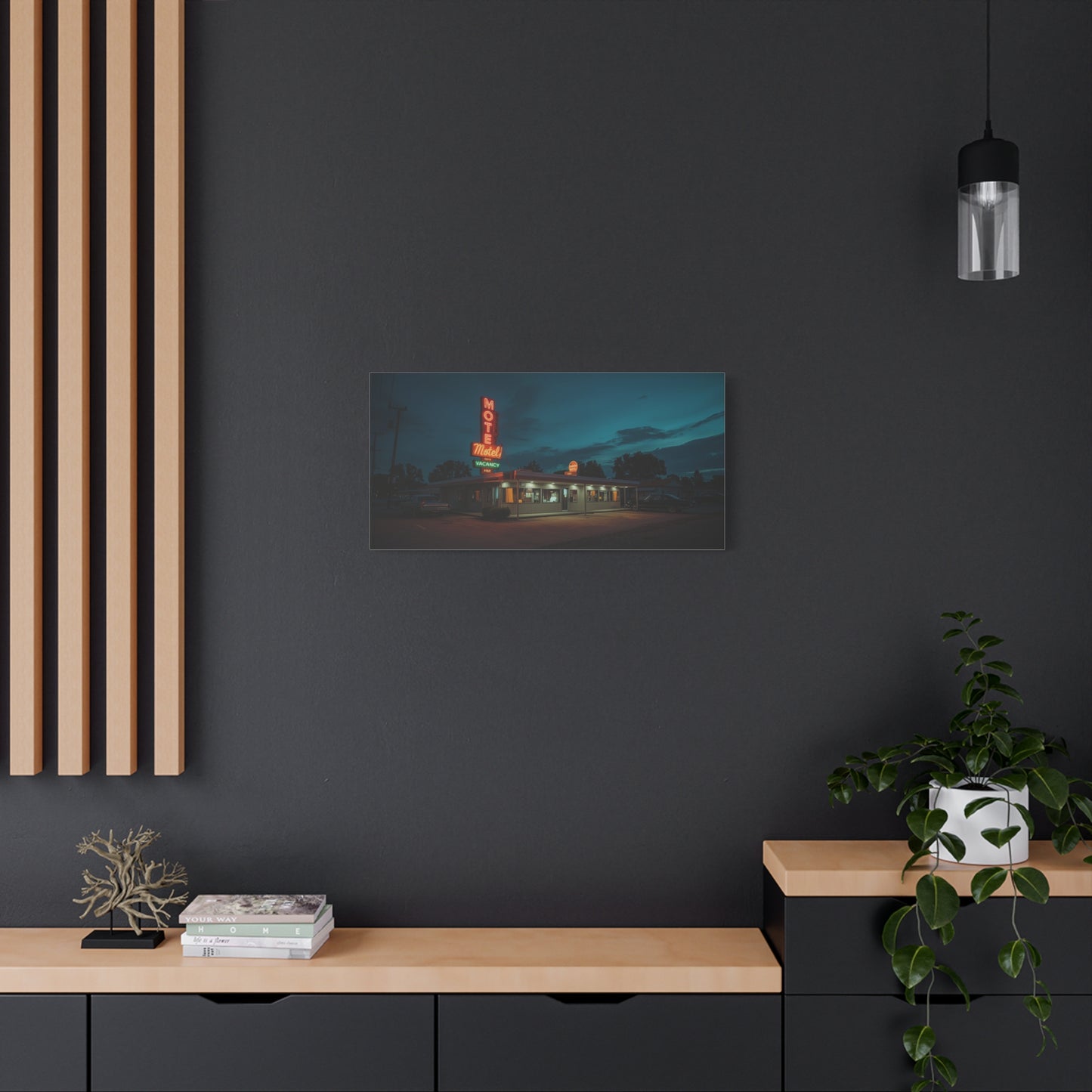 Neon Motel Canvas Wall Art - Vintage Roadside Motel Art Print, Blue Night Sky, Retro Americana Style - Living Room Wall Decor, Home Decoration, Office Art Accent - Bedroom Home Decoration