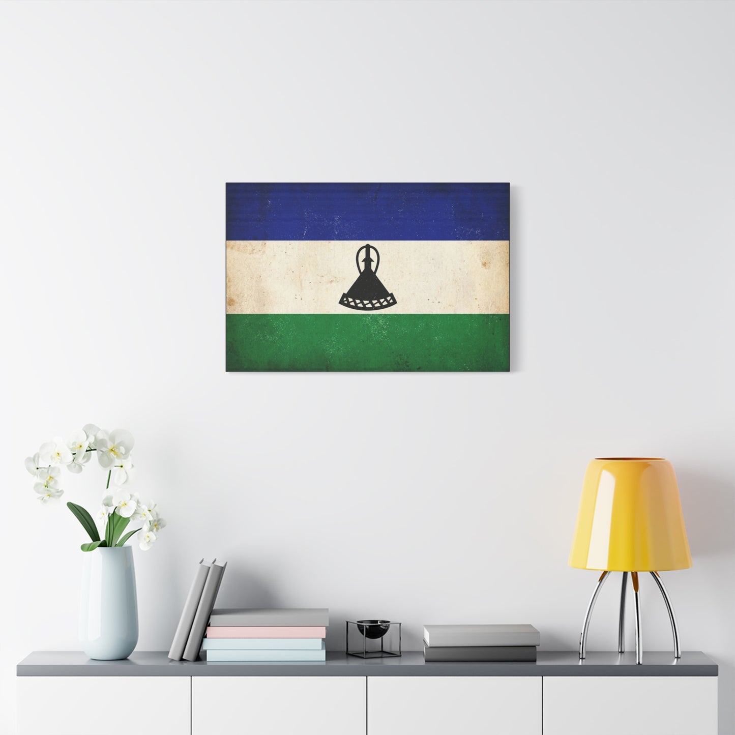Lesotho Flag Canvas Wall Art - Vintage Blue White Green Tricolor With Basotho Hat Emblem, Distressed National Banner Print - Rustic Patriotic Decor For Living Room Bedroom Office - Office Wall Art