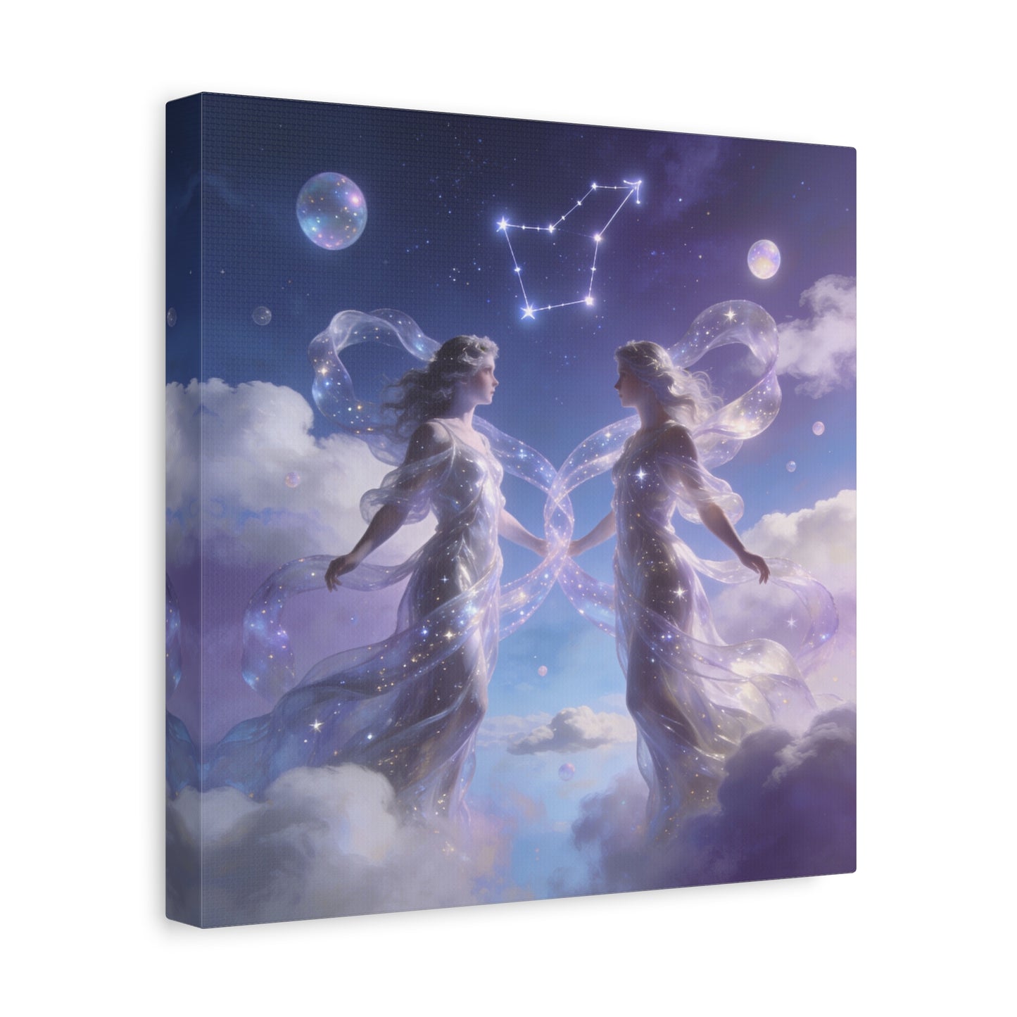 Gemini Zodiac Canvas Wall Art - Celestial Twin Women Under Constellation, Dreamy Fantasy Sky Scene - Matte Cotton Art Print - Bedroom Wall Decor, Meditation Space Accent - Bedroom Home Decoration