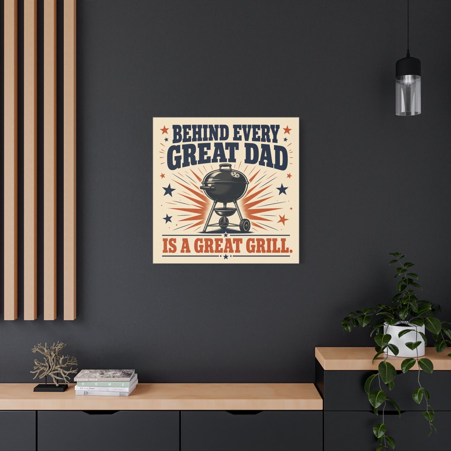"Behind Every Great Dad Is A Great Grill." Funny Dad Grill Canvas Wall Art - Vintage Patriotic BBQ Quote Print - Rustic Kitchen Decor - Man Cave Wall Hanging - Ready to Hang - Bedroom Home Decoration