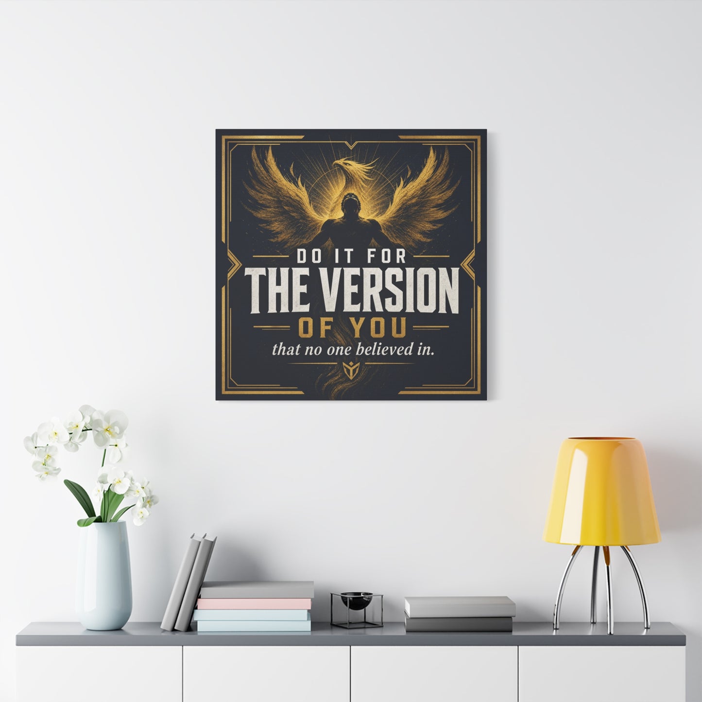 "Do It For The Version Of You That No One Believed In" Inspirational Canvas Wall Art - Phoenix Wings Motivational Quote Print - Black Gold Typography Decor For Office Bedroom - Living Room Wall Decor