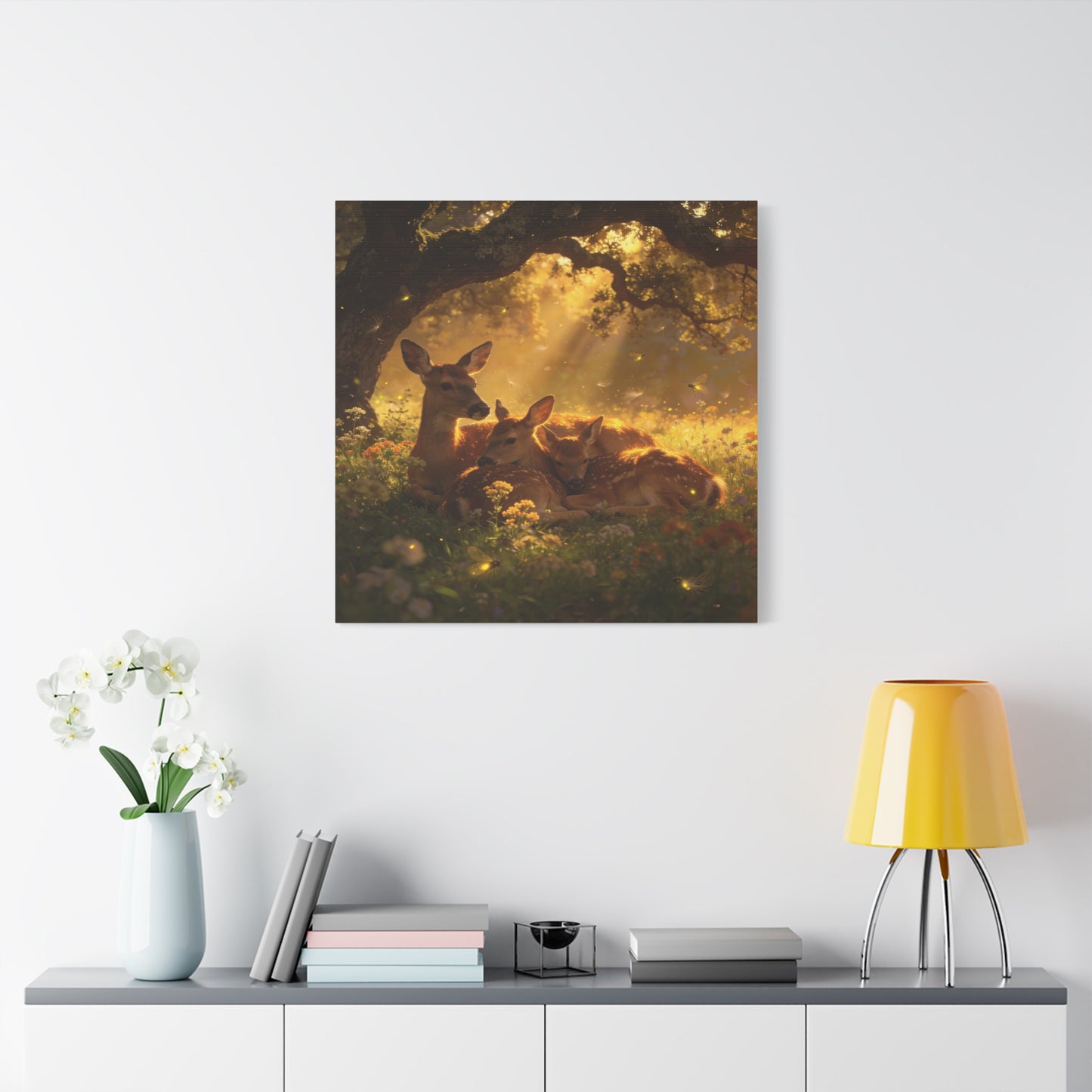 Doe And Fawns Canvas Wall Art - Woodland Deer Family In Golden Light, Whimsical Nature Scene - Matte Finish Cotton Print - Rustic Traditional Style - Bedroom Wall Decor - Bedroom Home Decoration