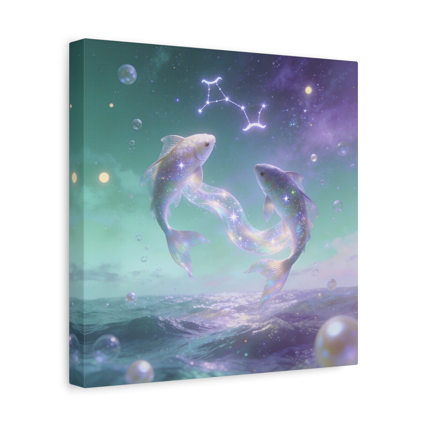 Pisces Fish Canvas Wall Art - Celestial Ocean Zodiac Illustration, Dreamy Aurora Nightscape, Matte Cotton Print, Mystical Bedroom Accent, Meditation Space Piece, Office Interior Style - Ready to Hang