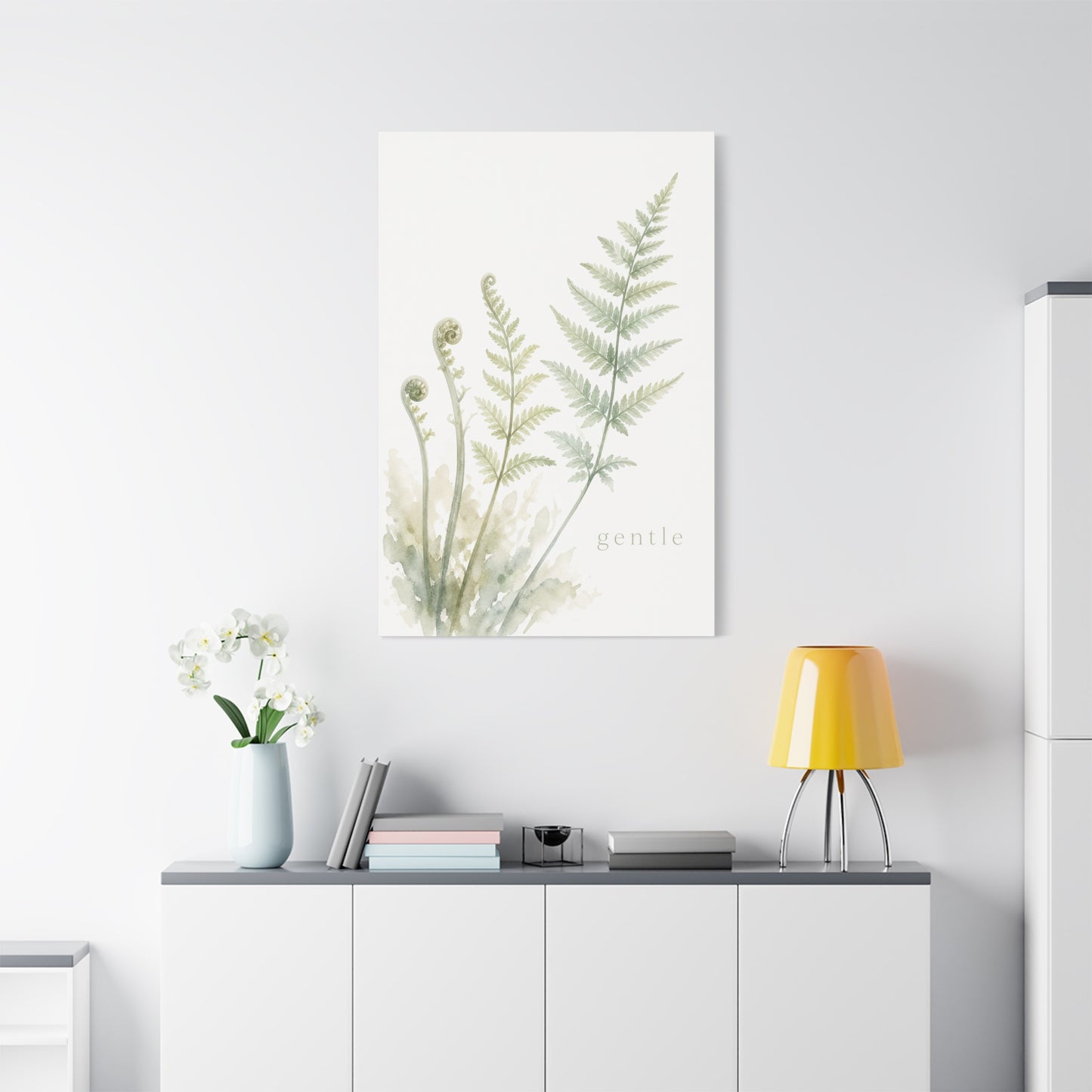 "Gentle" Fern Botanical Canvas Wall Art - Watercolor Green Leaf Print, Minimalist Nature Decor - Calming Bedroom Wall Decor, Bathroom Decoration, Spa Style Home Accent - Bedroom Home Decoration