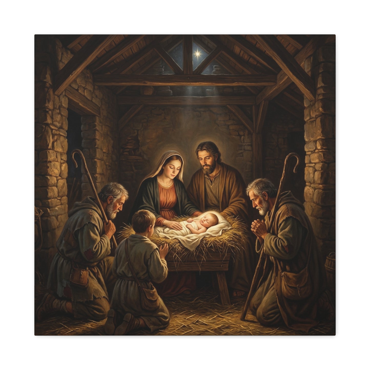 Nativity Scene Canvas Wall Art - Baby Jesus, Virgin Mary, Saint Joseph In Bethlehem Stable - Matte Cotton Print For Living Room Bedroom - Living Room Wall Decor - Bedroom Home Decoration