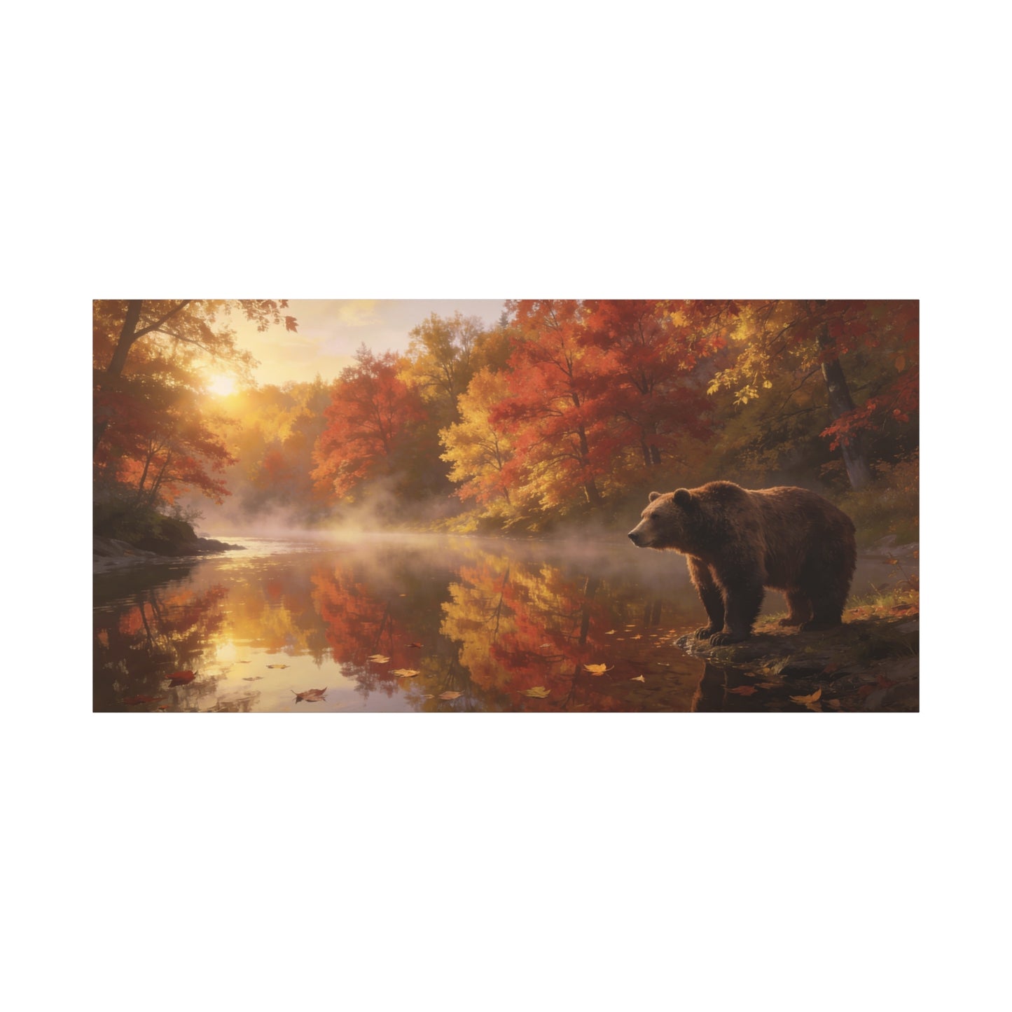 Brown Bear Canvas Wall Art - Autumn Forest River Sunrise Wildlife Print, Golden Mist Reflection, Matte Canvas Print, Rustic Lodge Style, Living Room Wall Decor Office Art - Bedroom Home Decoration