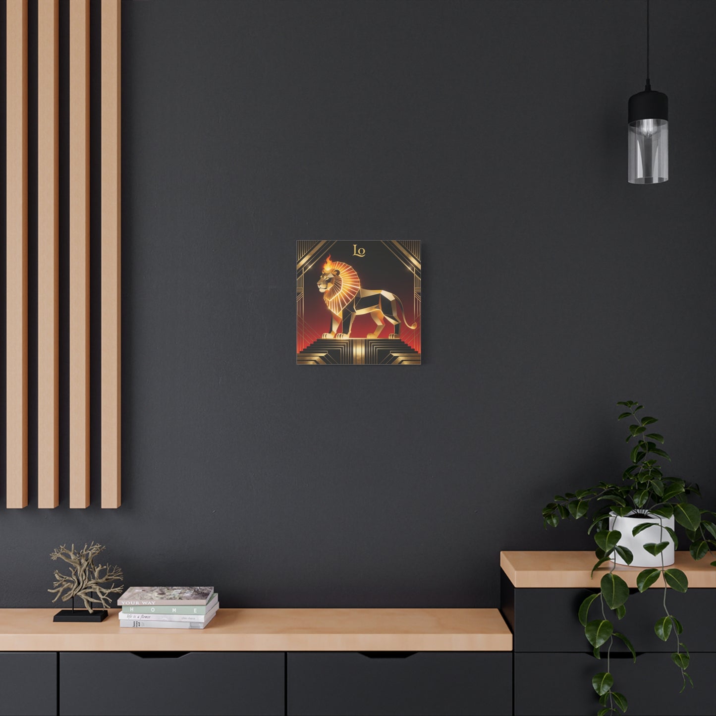 "Lo" Geometric Lion Canvas Wall Decor - Art Deco Gold Black Red Animal Print - Flaming Mane Illustration, Modern Luxe Interior Accent, Living Room Home Decoration - Living Room Wall Decor